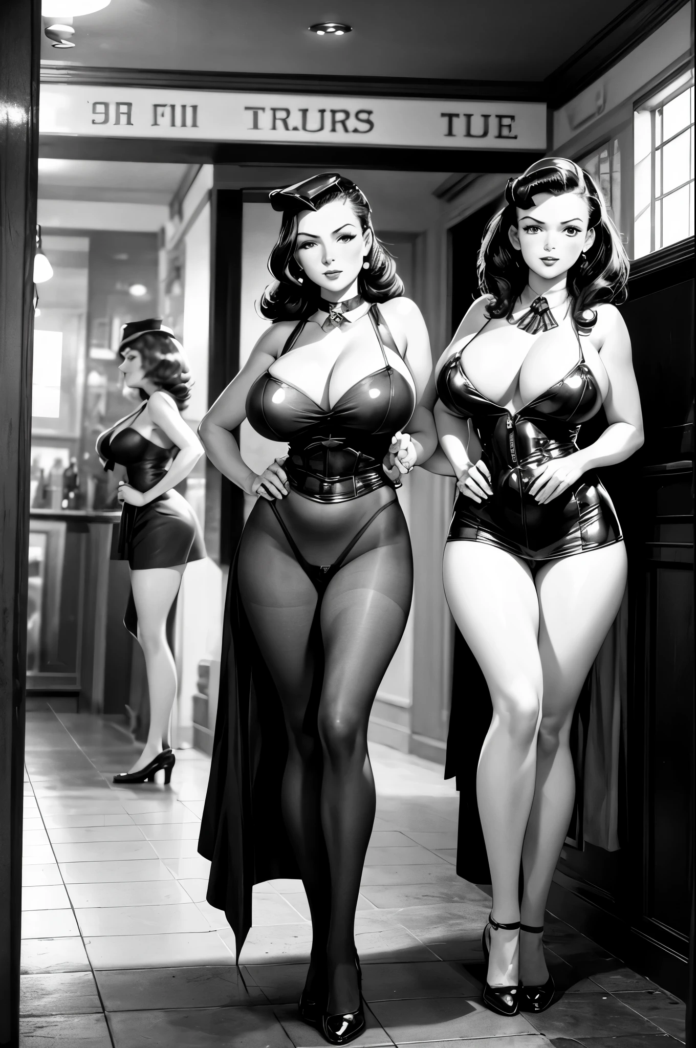 Impressive wartime pin-up girl images, (large tit:1.3), Dressed in retro costumes, Pose gracefully in a nostalgic 1940s bar. Black and white images add a vintage feel to the scene, Capturing the essence of iconic pin-up art and vintage aesthetics of the time. (full body:1.5), photo realistic, 8k