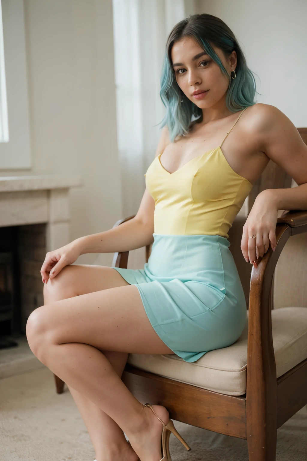 beautiful woman with turquoise hair, light freckles, on armchair, wearing yellow dress, high heels, slim body, fit, thick thighs, dreamy and romantic compositions