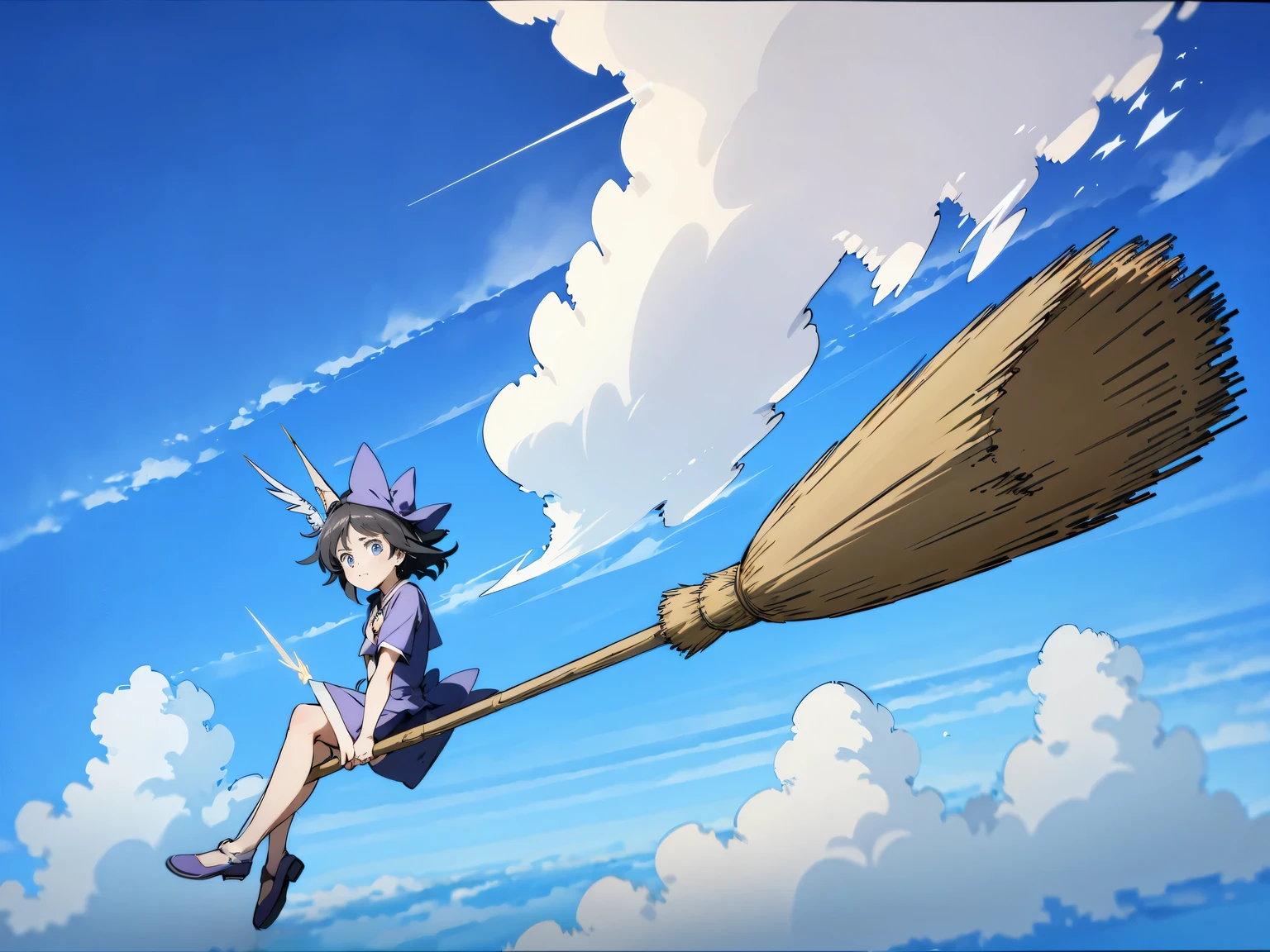 (Flying broomstick race by several witches), Two or three magical girls riding brooms, witch hat, broom, riding a broom, sitting, straddle, straddle a broom, (Magical girls running through the clouds), (serious face: 1.3), (( Compete for speed with your rivals)), (Fly through the clouds: 1.3), (forward leaning posture: 1.3), blue sky, anime, (motion blur), (masterpiece), (highest quality), (Ultra high definition)