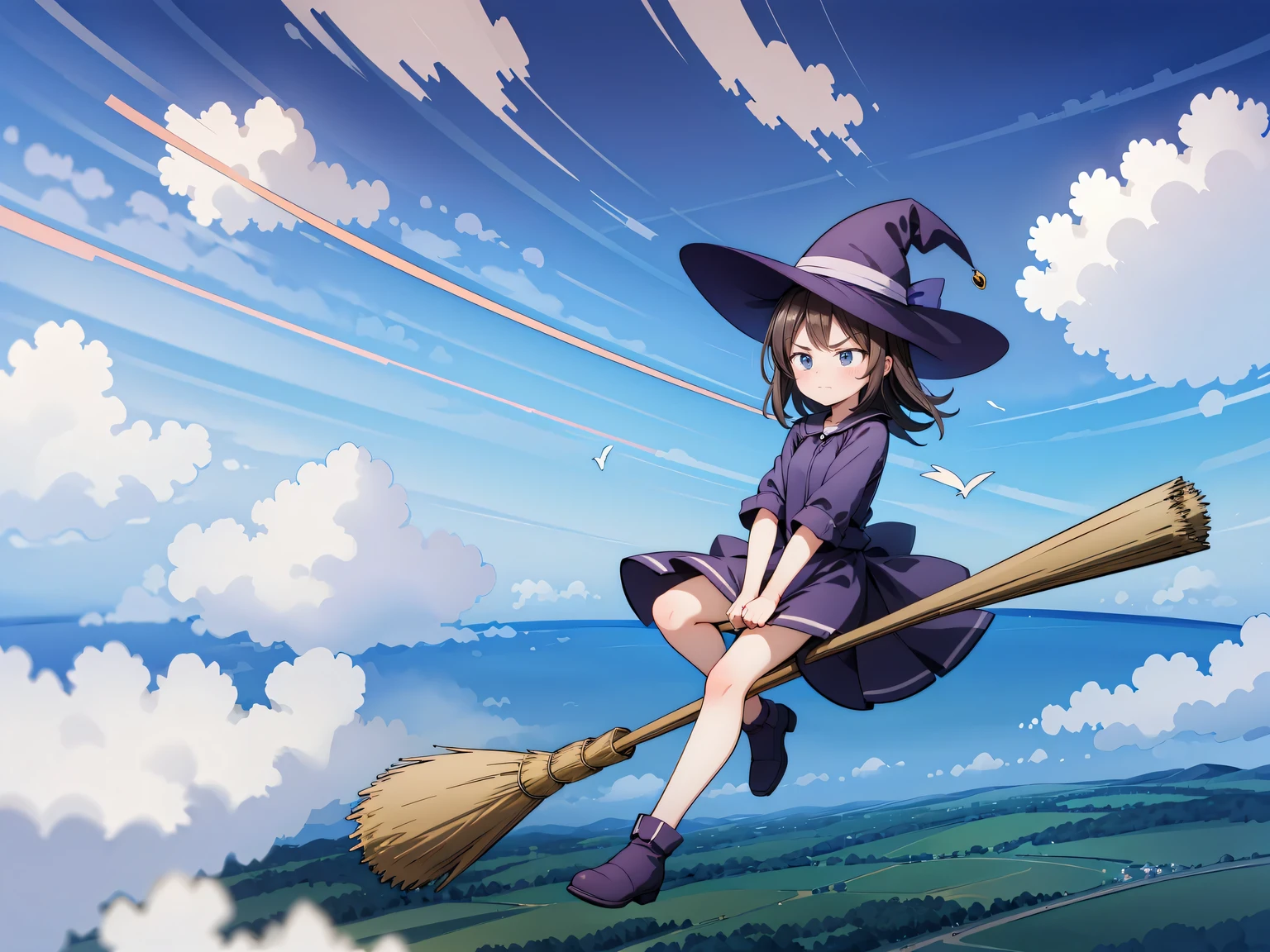 (Flying broom race), Magical girl, witch hat, broom, riding a broom, sitting, straddle, straddle a broom, (Magical girl flying at full speed through the clouds), (serious face: 1.3), (( Compete for speed with your rivals)), (Fly through the clouds: 1.3), blue sky, (motion blur), (masterpiece), (highest quality), (Ultra high definition)