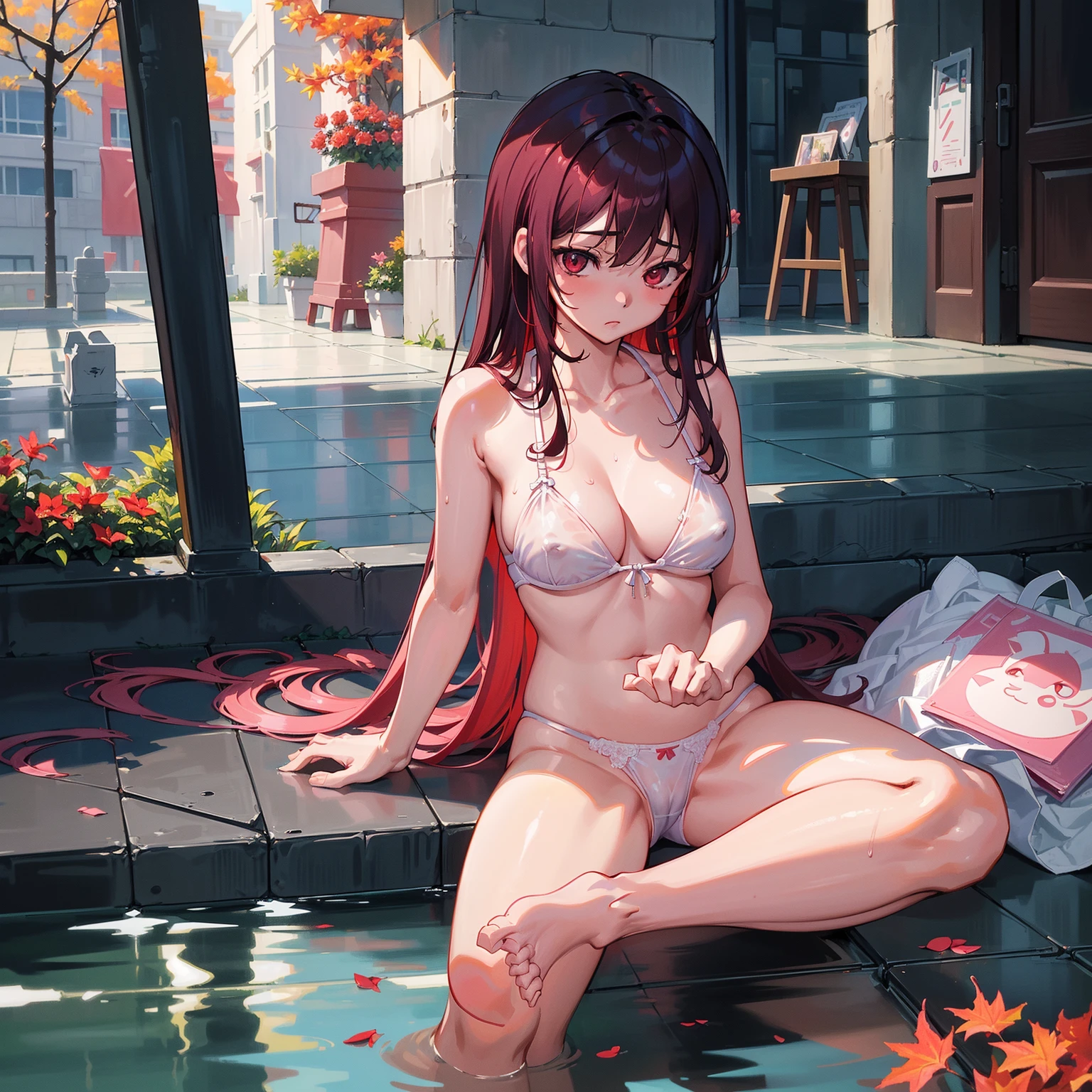 ONLY WEAR SEE-THROUGH BIKINI sitting, w sitting on the ground, legs on the ground, photo actual, lip gloss, actual, best quality, ultra-high resolution, depth, pastel colors, natural shadow, focus on the face, look at the face, looking at the audience, long hair, Hair accessories, black hair, brown and detailed eyes, 、Top image quality、Masterpiece、age girl((sixteen years old, My whole body is covered with wounds、Skin color top, With pink nipples、best bust、Bust 85、Red hair、shortcut, red eyes、open your mind、valley、happiness、A slender one、Soaked all over、Fall to the ground、panties view, legs together,、lean back、Proud、在floor上, laceD underwear))high quality、beautiful art、background with((Nice hotel、floor))、on the table、Well-designed、visual art、theatrical movies