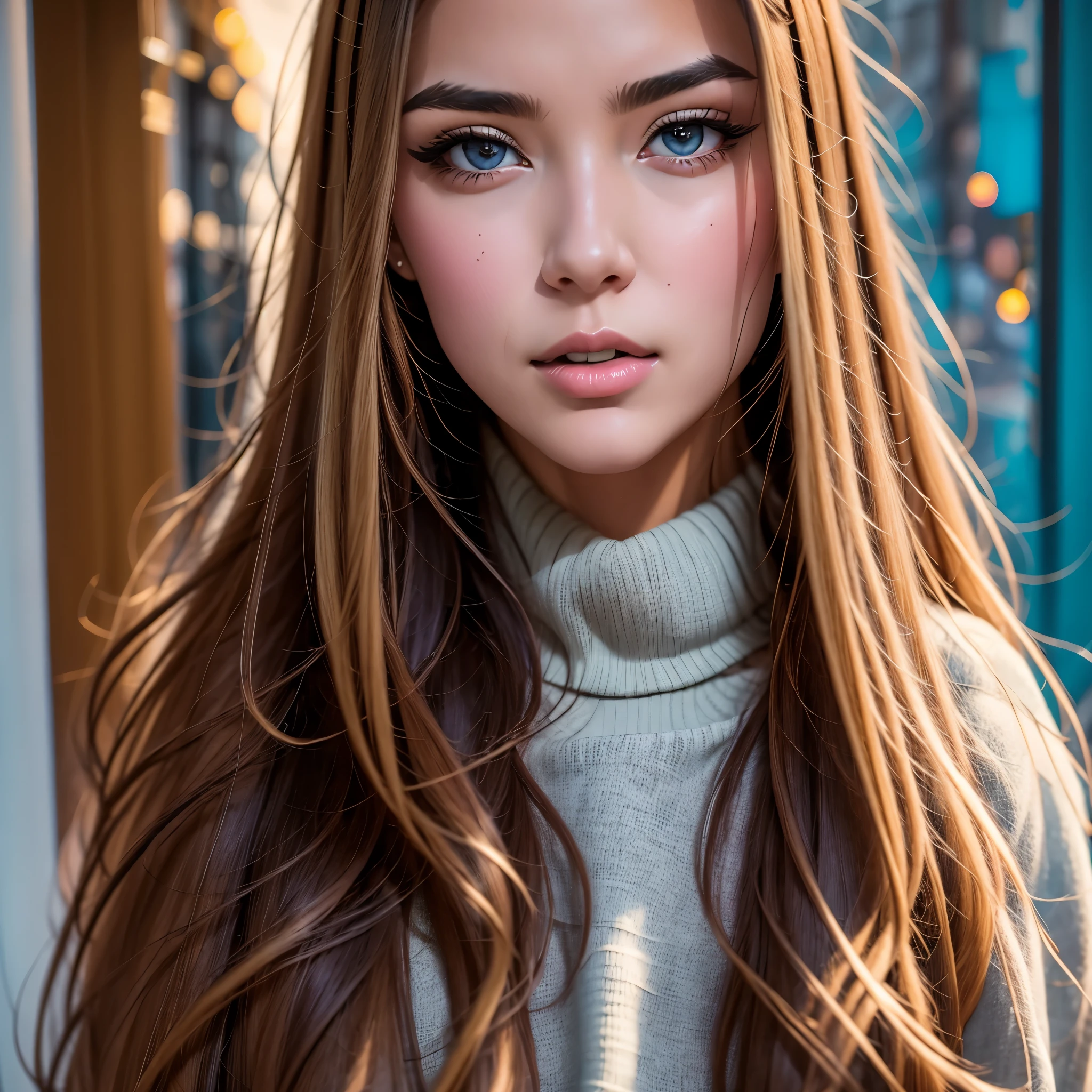 professional portrait photography of a beautiful Brazilian girl in winter clothes with long wavy blonde hair, sensual and seductive appearance, beautiful symmetrical face, beautiful natural makeup, vestindo roupas chics e quentes de inverno, ((Standing outside on the city's Nevada Street)), stunning modern urban environment, ultra realisitic, conceptual artwork, chic, highy detailed, Intricate, sharp focus, Depth of field, F/1. 8, 85 mm, medium photo, intermediate photo, (((with professional color grading))), soft and bright diffused light, (Volumetric fog), Trends on Instagram, HD 4k, 8k