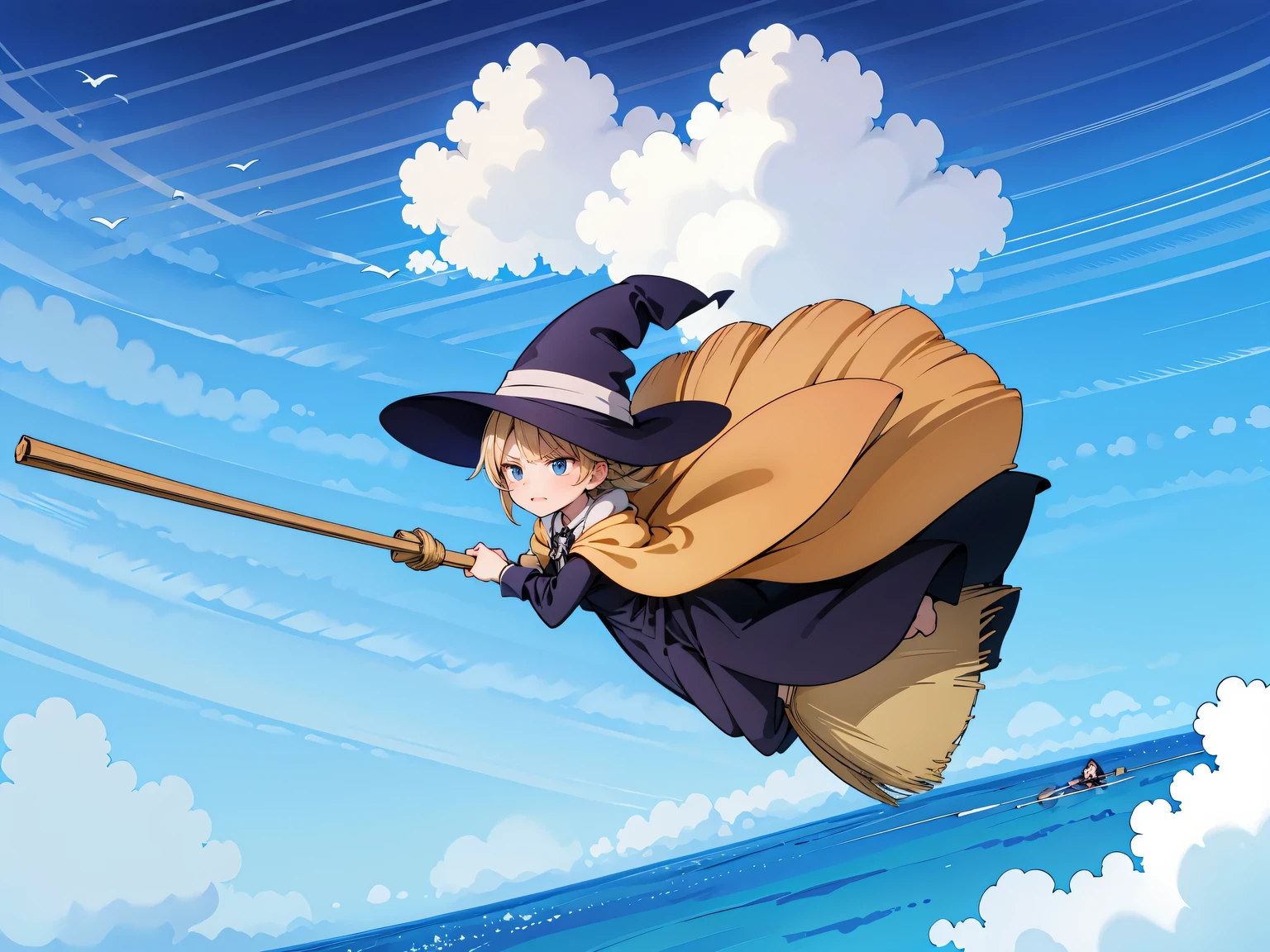 ((Flying broom race with multiple witches)), Flying Witch, Flying competition with broom in hand, (Witches flying at full speed through the clouds), (serious face: 1.3), ((ライバルとspeedを競う)) , speed, (Fly through the clouds: 1.3), blue sky, (motion blur), (masterpiece), (highest quality), (Ultra high definition)