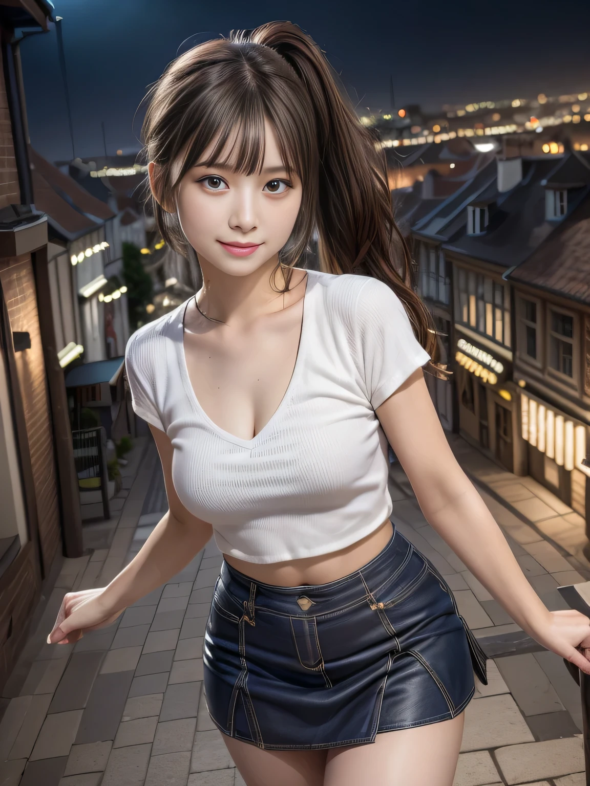 (masterpiece:1.3), High resolution, Super detailed, Highly detailed CG Unity 8K wallpaper, realistic, photo-realistic, RAW photo, beautiful detailed face, fine cloth texture, detailed hair texture, Accurate, anatomically correct, Highly detailed face and skin texture,
one girl, cute、ponytail, shy smile, brown hair、deep blue eyes、((super mini skirt:1.2))、((cityscape at night:1.6))