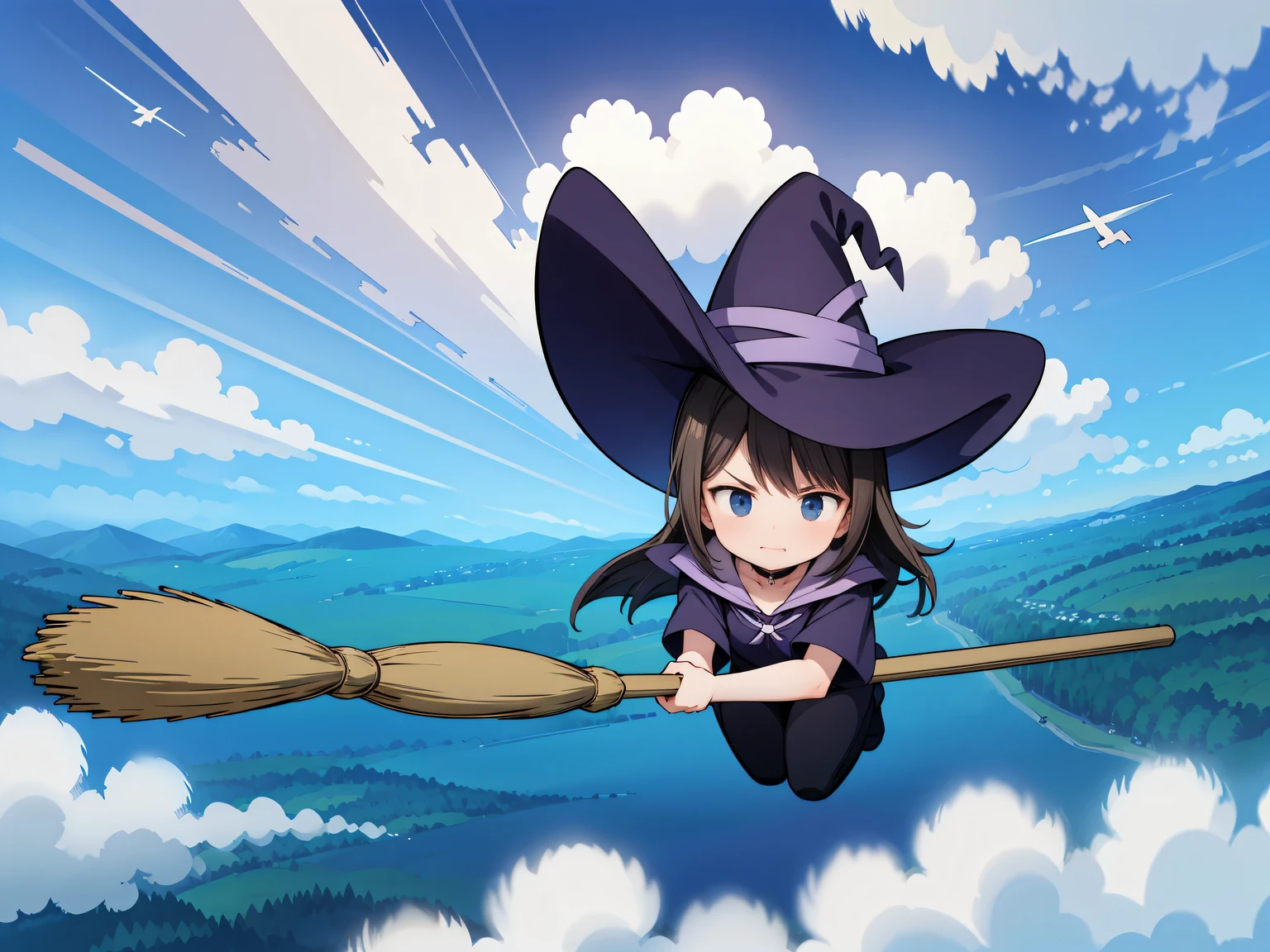 ((Flying broom race with multiple witches)), Flying Witch, Flying competition with broom in hand, (Witches flying at full speed through the clouds), (serious face: 1.3), ((ライバルとspeedを競う)) , speed, (Fly through the clouds: 1.3), blue sky, (motion blur), (masterpiece), (highest quality), (Ultra high definition)