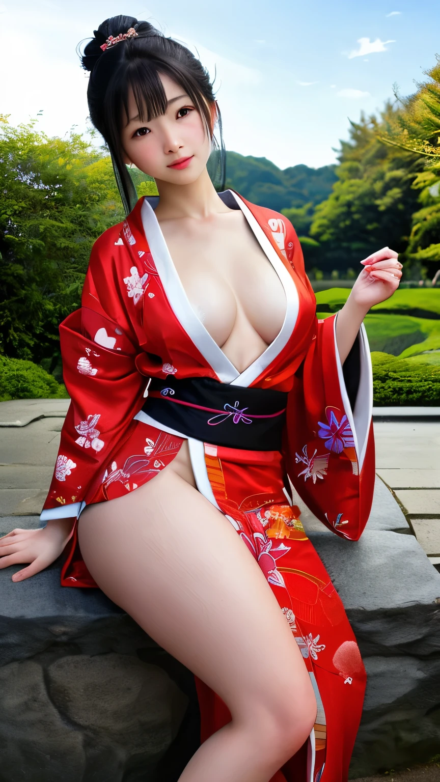 最high quality、high quality、best image quality、8K、最High resolution、High resolution、最high quality、masterpiece、RAW photo、whole body写真、Realistic human body with detailed details、Realistic skin in every detail、Realistic face in every detail、Realistic eyes in every detail、Realistic lips in every detail、Realistic teeth in every detail、Realistic ears with attention to detail、Realistic hair with detailed details、Realistic arms with attention to detail、Realistic hands with attention to detail、Realistic fingers with attention to detail、(fine hands、thumb１reference４)、Realistic legs with attention to detail、Realistic feet with attention to detail、((beautiful japanese girl))、(japanese model), (japanese woman)、((18 year old beautiful girl))、(black hair)、(straight hair)、((whole body))、((Upward beautiful breasts、Medium chest))、(slim style、slender style)、(whole body光沢肌、Fair skin)、Detailed and realistic human body、detailed realistic skin、detailed realistic face、detailed realistic arms、Detailed realistic fingers、Detailed realistic feet、soft natural light、Maiko、geisha、kimono、Furisode、Yukata、japanese traditional、Samurai Residence、Japanese garden、((Transparent see-through with colorful floral pattern(クロストップkimono、Hakama with side slits))、((In the garden(Pose that makes your thighs look beautiful))