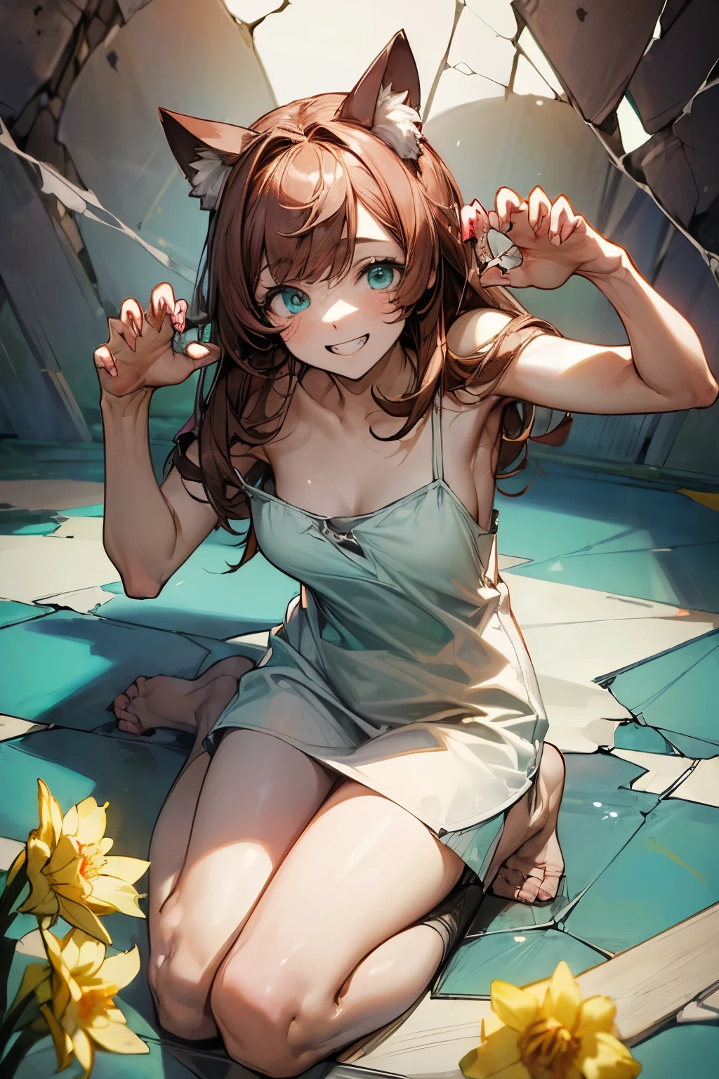 ((Masterpiece)), ((best quality)), (Cracked Background:1.9),1girl, solo, put on cat ears, grin face, Full body, ((claw pose)), sitting on pier, (oversized white camisole), (aqua eyes), (daffodil), (hyacinth), signature, red flower, pale brown hair, long hair, green eyes, (on the Tip of the pier), the lake, (simple white background),