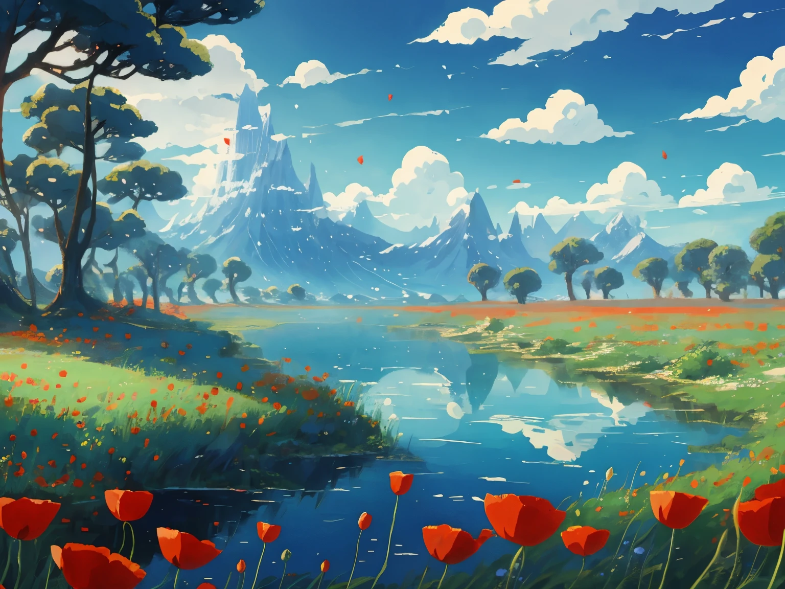 DVD screengrab from studio ghibli movie, beautiful countryside with poppies in the foreground, clouds on blue sky, designed by Hayao Miyazaki, retro anime