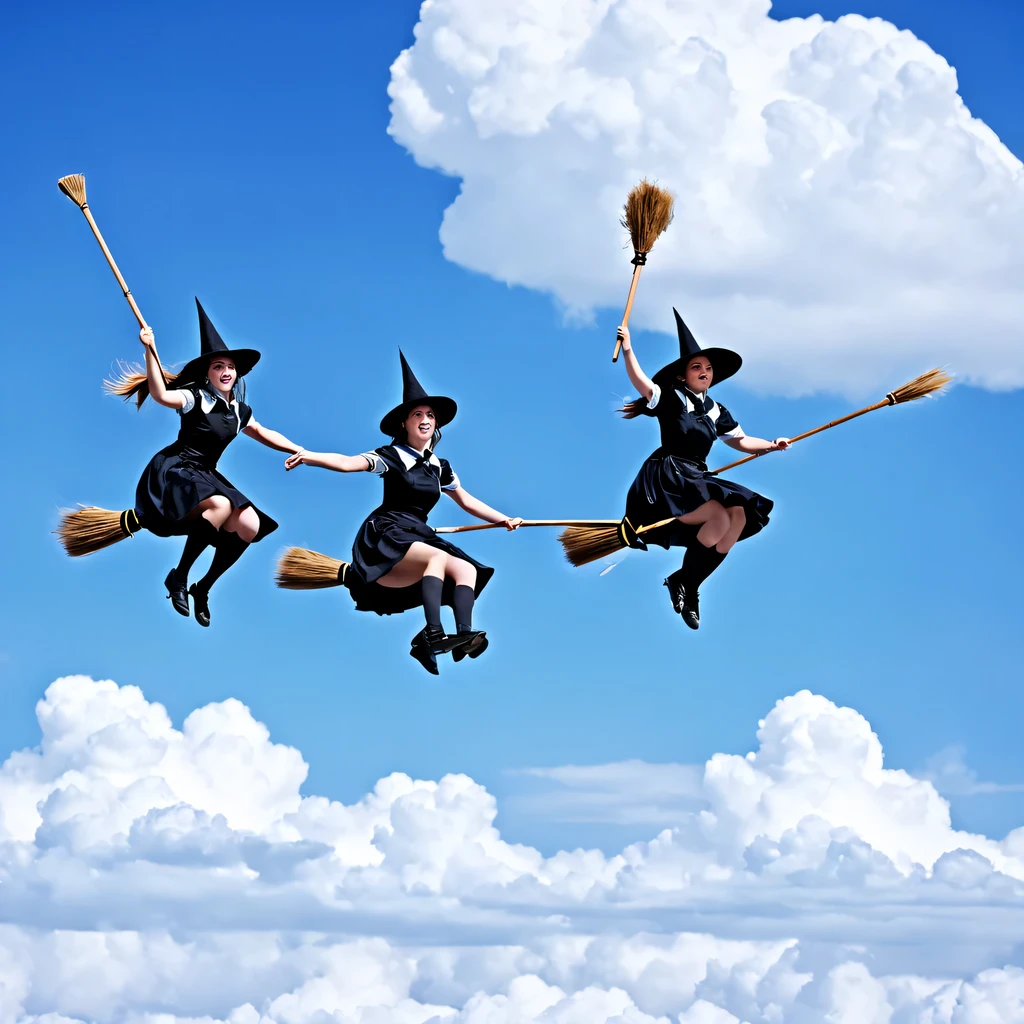 ((Flying broom race by multiple witches:1.1)), Two or three magical girls riding brooms, witch hat, broom, riding a broom, sitting, straddle, straddle a broom, (Magical girls running through the clouds), (serious face: 1.3), (( Compete for speed with your rivals)), (Fly through the clouds: 1.3), blue sky, (motion blur), (masterpiece), (highest quality), (Ultra high definition)