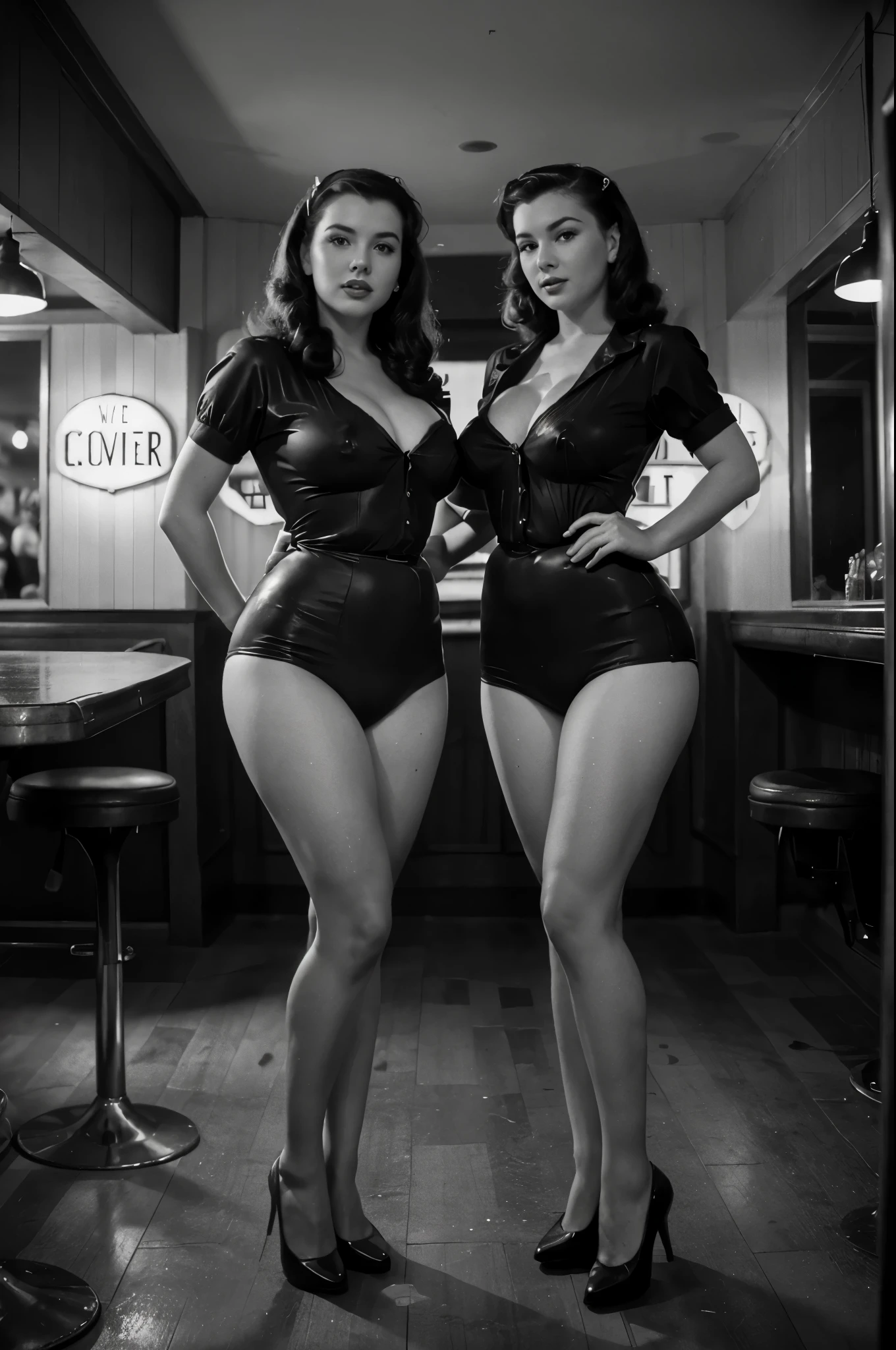 Impressive wartime pin-up girl images, (large tit:1.1), Dressed in retro costumes, Pose gracefully in a nostalgic 1940s bar. Black and white images add a vintage feel to the scene, Capturing the essence of iconic pin-up art and vintage aesthetics of the time. (full body:1.5), photo realistic, 8k