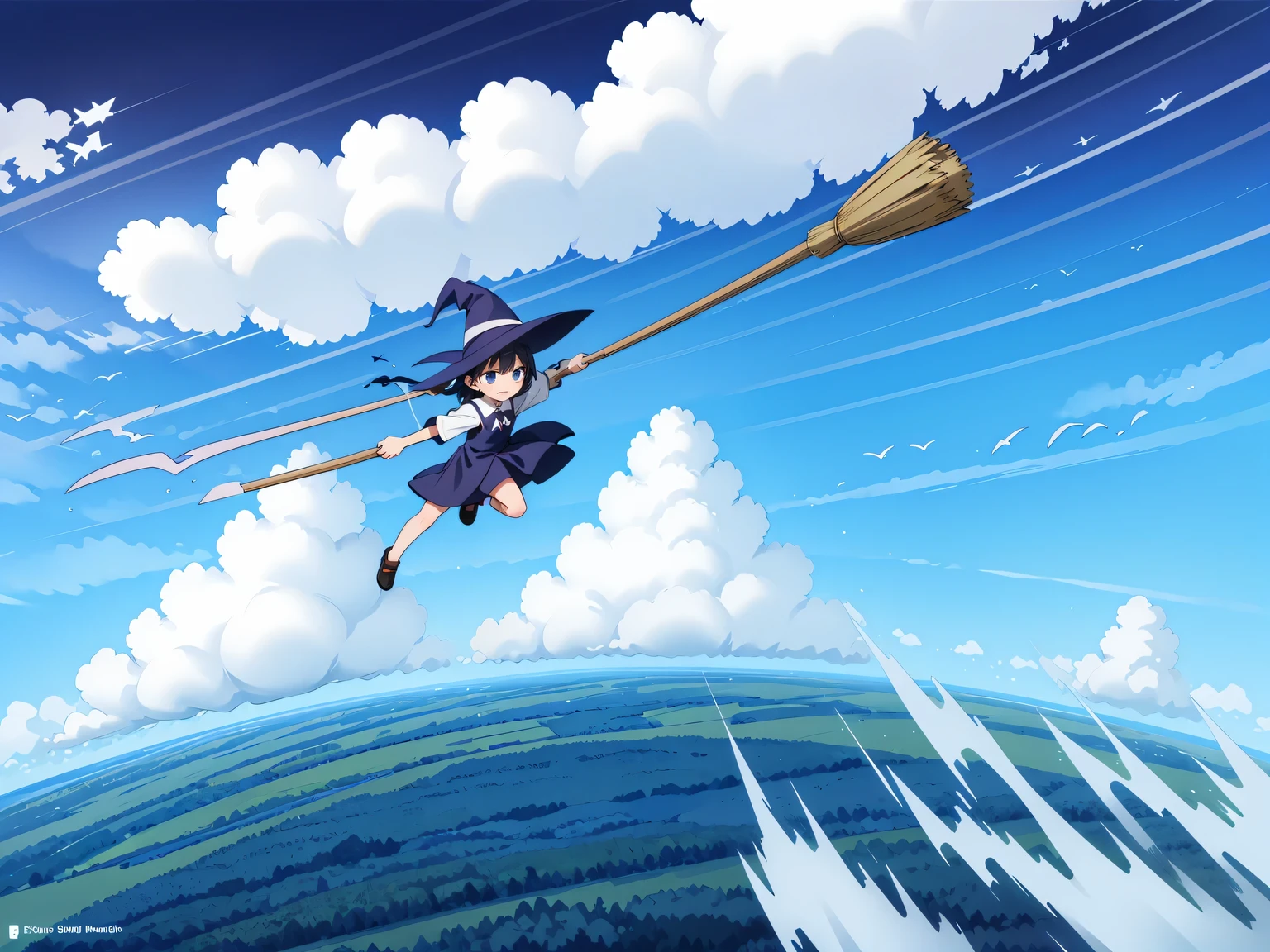 ((Flying broom race with multiple witches:1.1)), Flying Witch, Flying competition with broom in hand, (Witches flying at full speed through the clouds), (serious face: 1.3), ((ライバルとspeedを競う)) , speed, (Fly through the clouds: 1.3), blue sky, (motion blur), (masterpiece), (highest quality), (Ultra high definition)