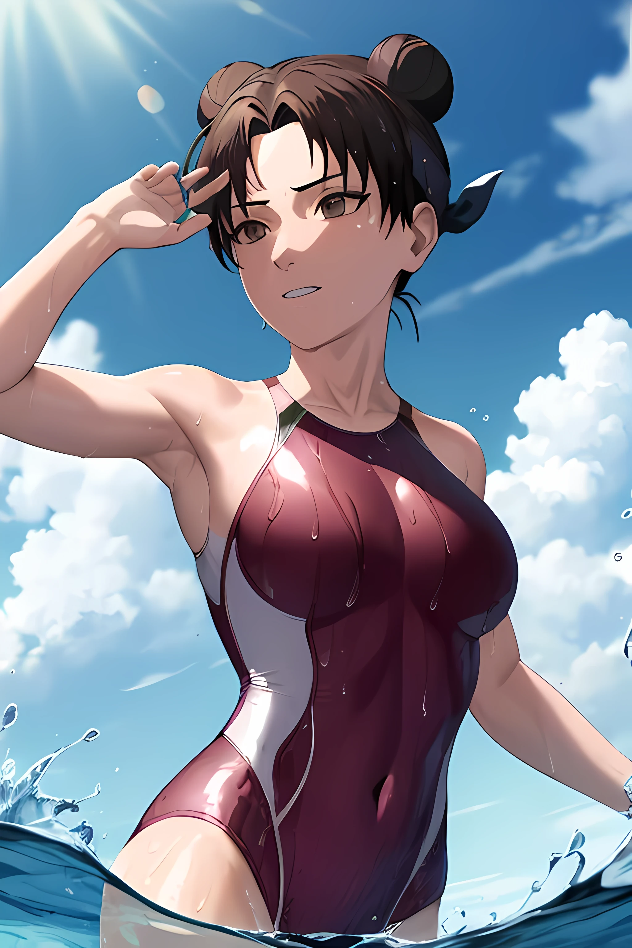 masterpiece, absurdres , (intricate details), (colorful),cinematic lighting,bust shot,extremely detailed CG unity 8k wallpaper,tenten\(shippuden\), 1girl, solo, one-piece swimsuit,halterneck, poolside, sunlight, water, splashing,