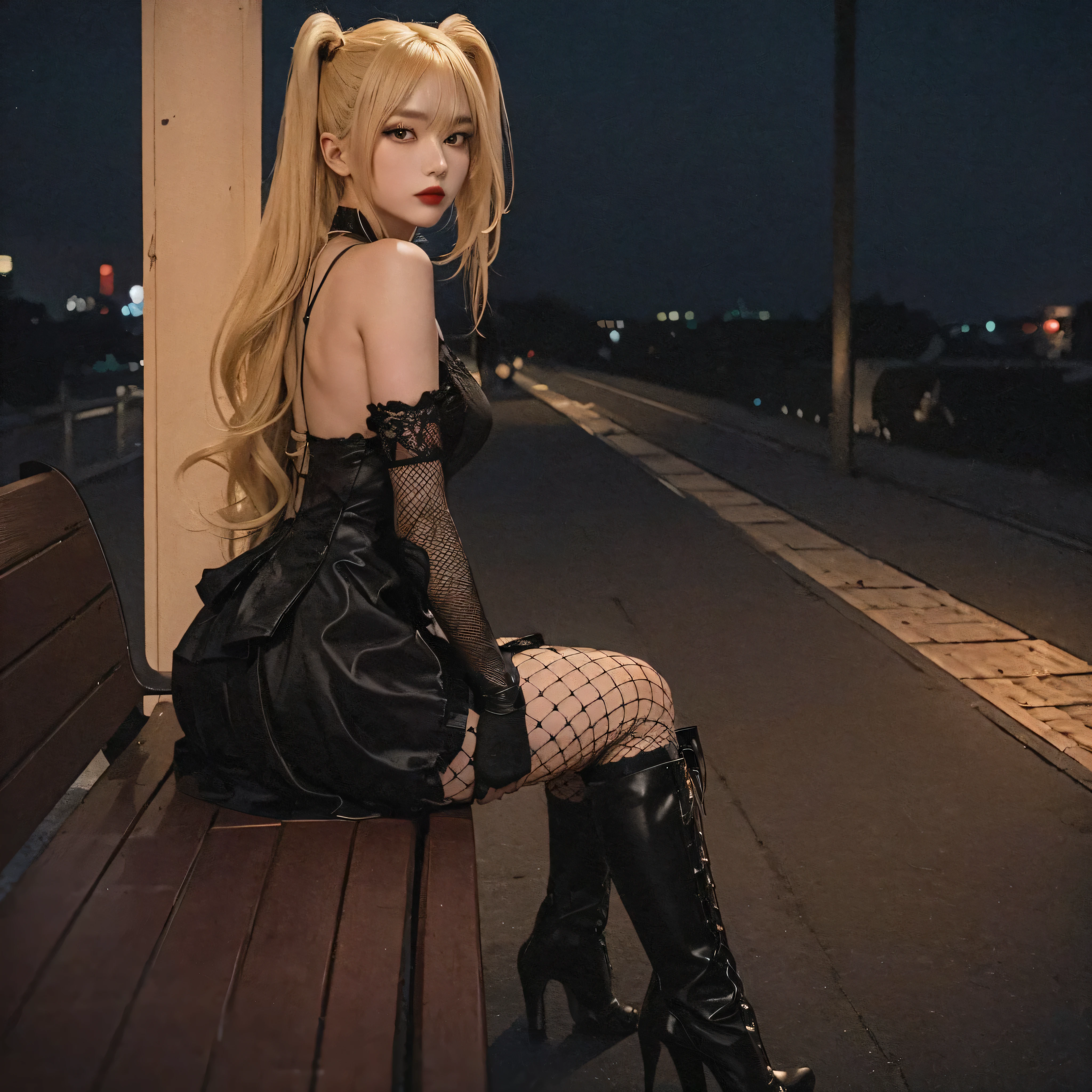 Uma personagem feminina estilo anime com longos cabelos loiros e olhos vermelhos, sentado em um banco. She is wearing a black gothic dress, luvas de renda preta sobre o cotovelo, and fishnet stockings with black knee-high boots. The setting is a train station platform at dusk, with subtle lighting that creates a moody atmosphere, linda mulher, Mulher fofa, batom vermelho, bunda grande, fat pantyhose