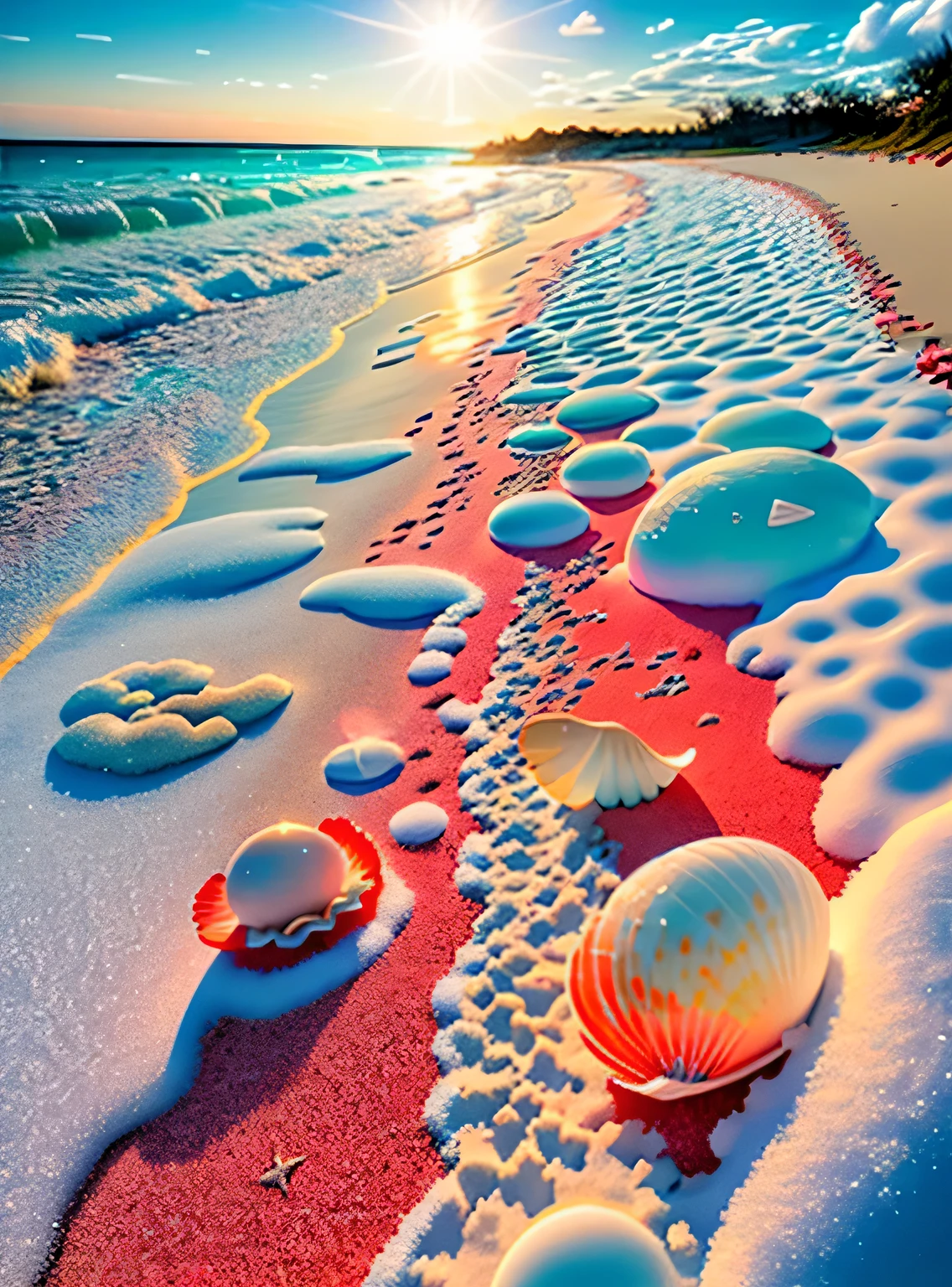 cena delicada,profundidade de campo, 8k, The ivory sky,nuvens brancas,e a luz do sol brilha na praia branca de neve. O mar de corais,e muitas conchas coloridas na praia,rosas vermelhas, rosas em foco,