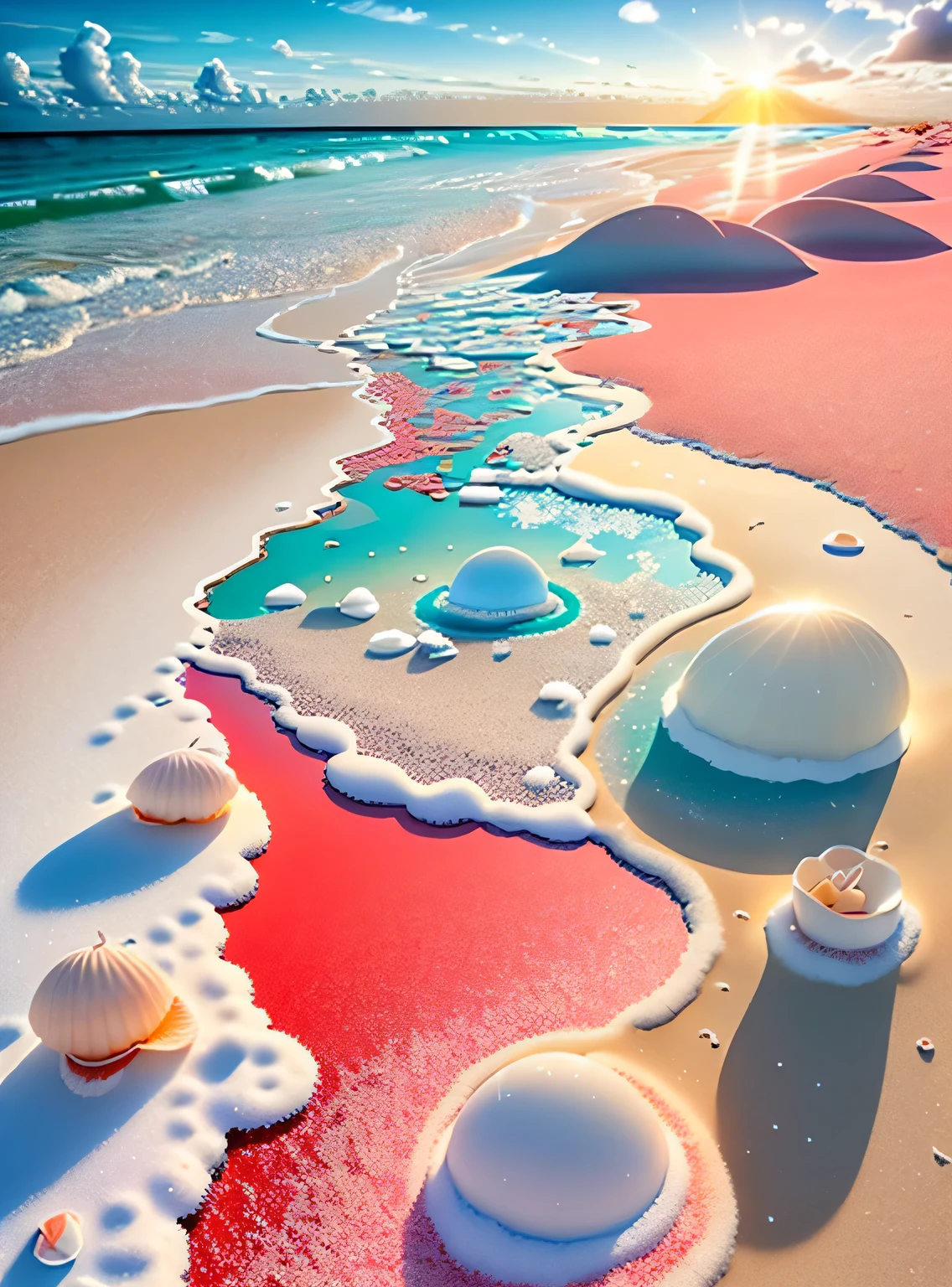 cena delicada,profundidade de campo, 8k, The ivory sky,nuvens brancas,e a luz do sol brilha na praia branca de neve. O mar de corais,e muitas conchas coloridas na praia,rosas vermelhas, rosas em foco,