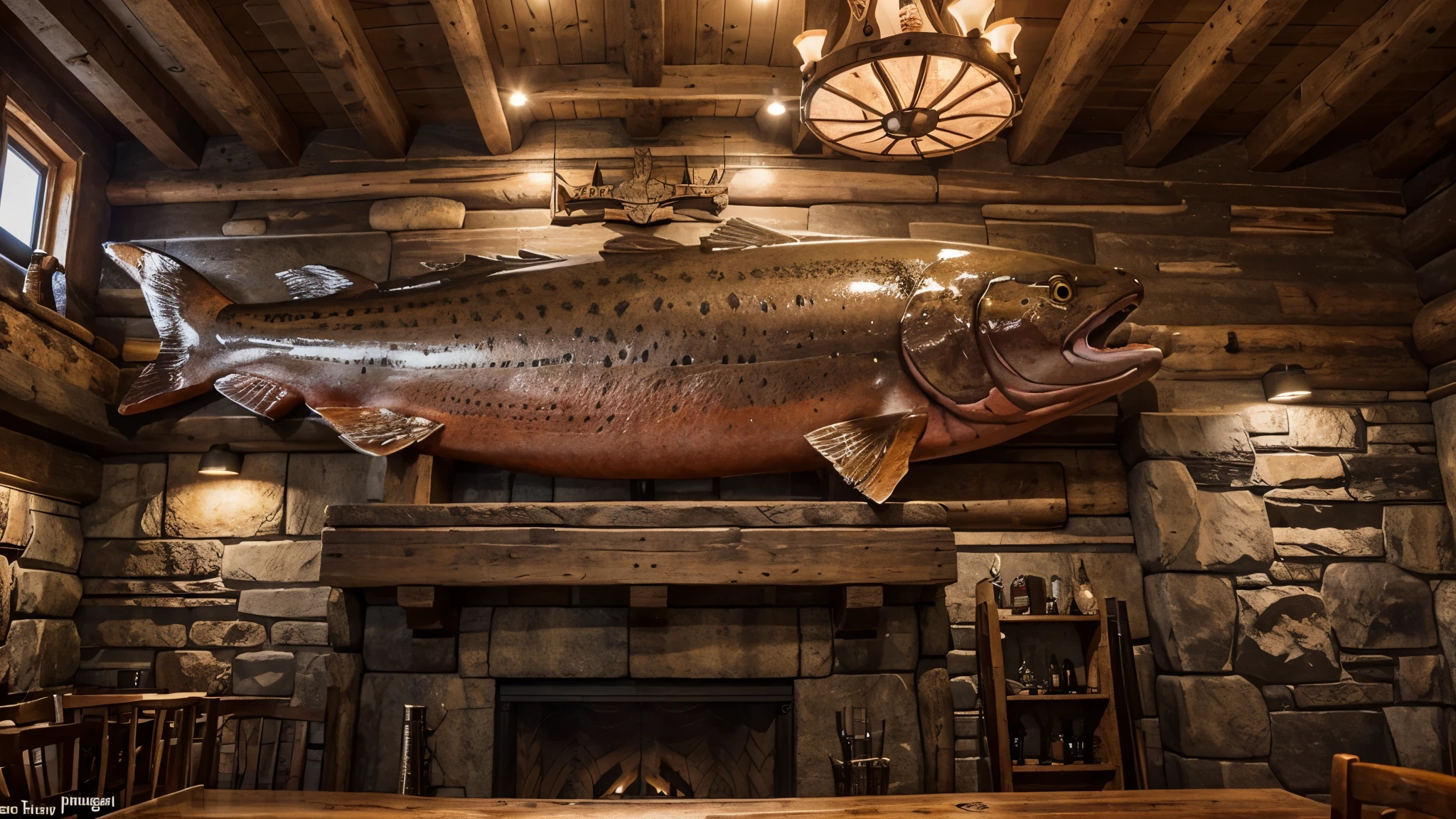 a very large salmon trophy mounted high on the wall of a rustic hunting lodge, masterpiece, best quality, highly detailed