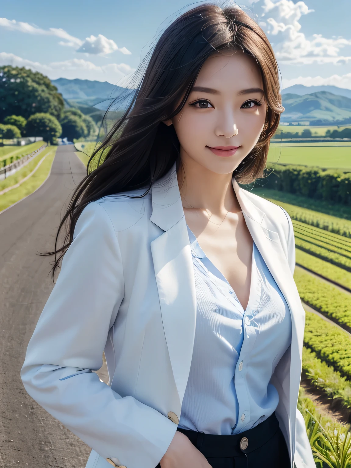 (masterpiece、High resolution、high quality)、(perfect woman、Realistic Japan)、(perfect anatomy、beautiful limbs、beautiful skin)、Fashion Model、double eyelid、flowing hair、Crystal clear black eyes、smile、blue sky、White cloud、sun、Fashionable shirts、blazer、stroll、country road、Farm roads、fields、