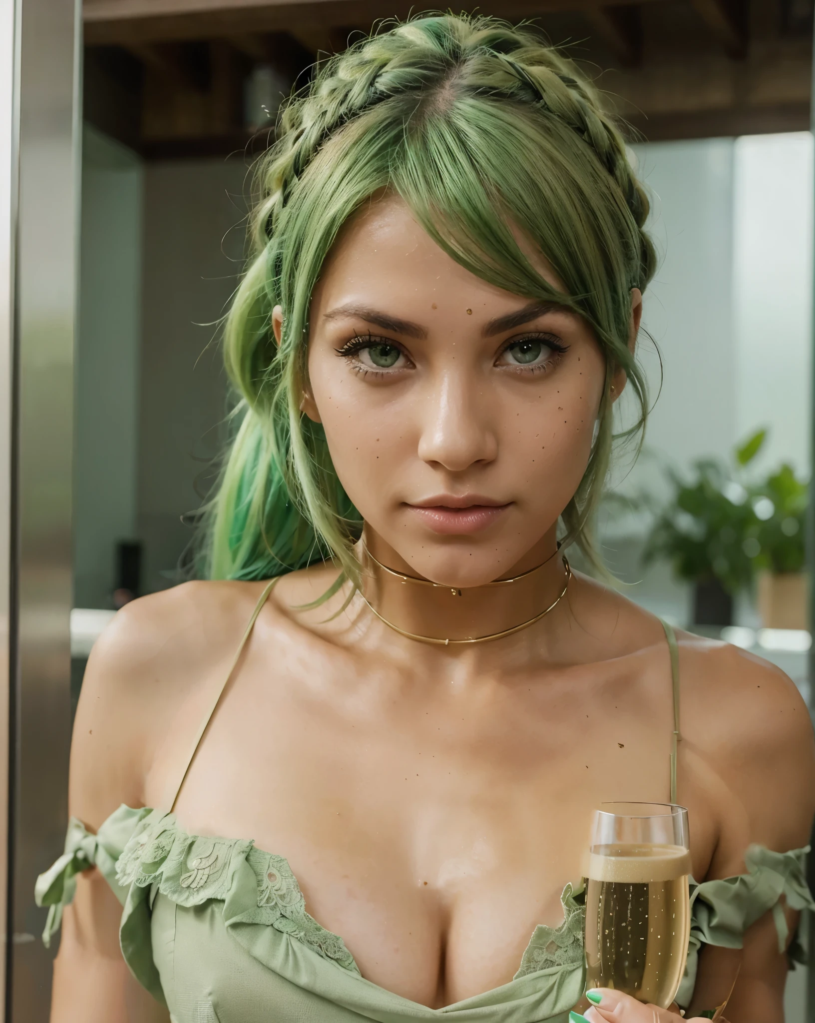 ((best quality)), ((masterpiece)), (detailed), perfect face, female, green hair, long hair, naked, (round eyes), (European), (English), light freckles, cute face, (gigantic penis), cum, cumming, plenty of cum, cum all over