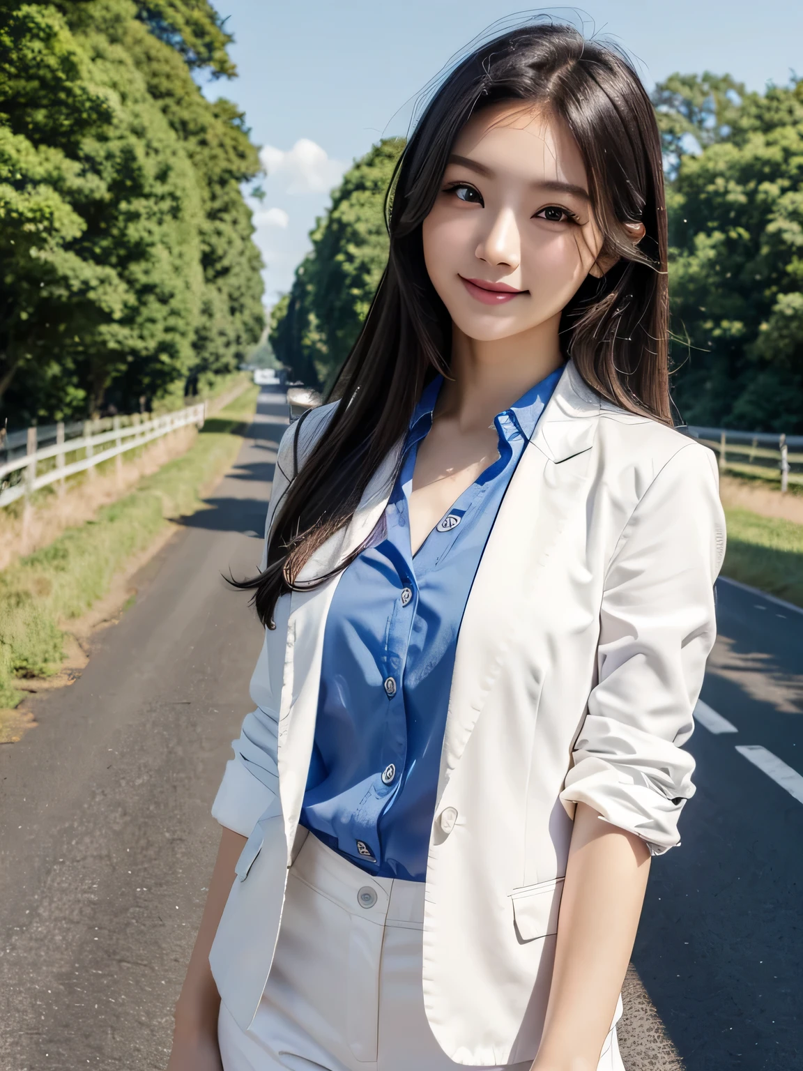 (masterpiece、High resolution、high quality)、(perfect woman、Realistic Japan)、(perfect anatomy、beautiful limbs、beautiful skin)、Fashion Model、double eyelid、flowing hair、Crystal clear black eyes、smile、blue sky、White cloud、sun、Fashionable shirts、blazer、stroll、country road、Farm roads、fields、
