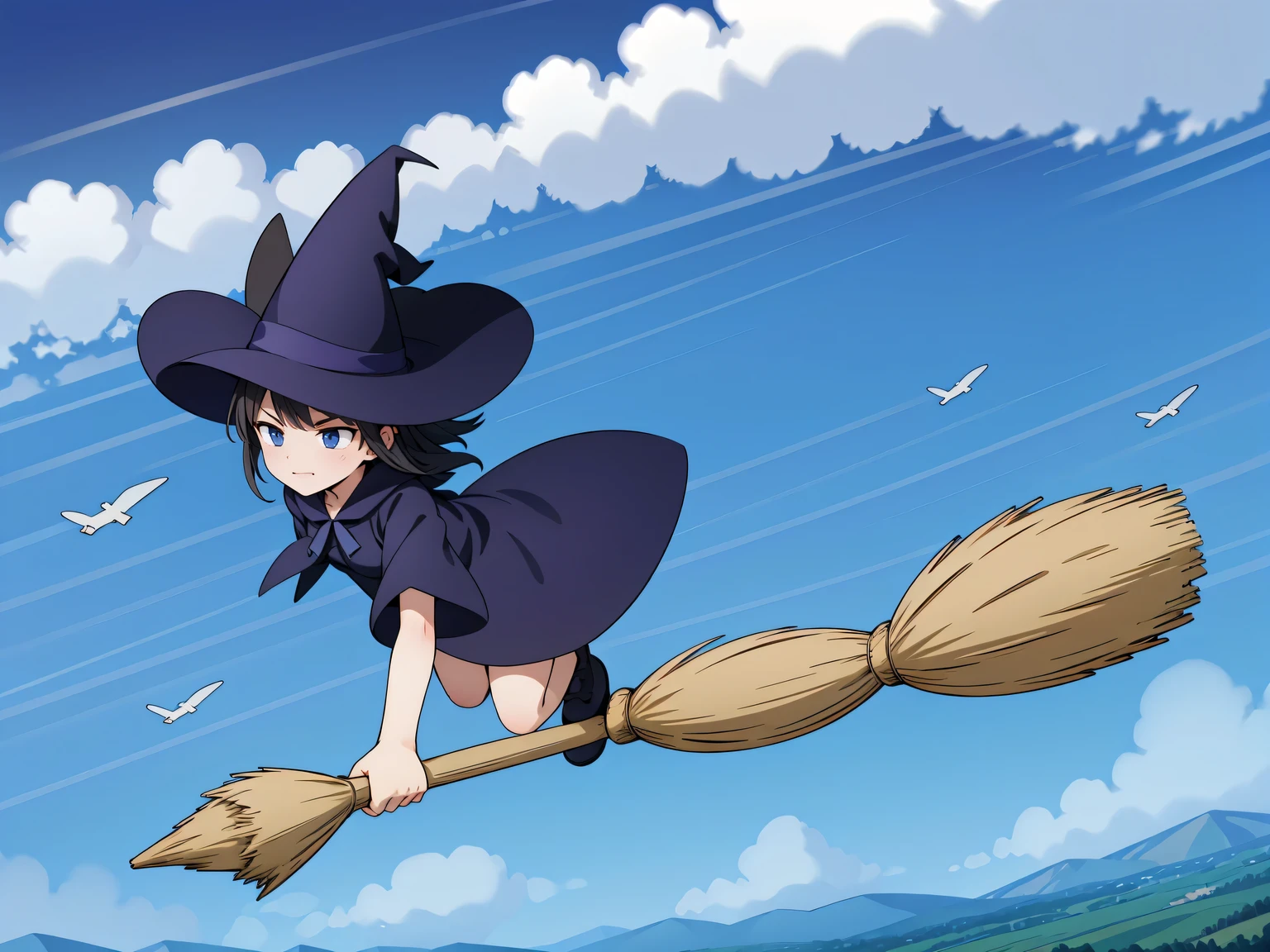 (A flying broom race between several witches), 2、Three witches cling to brooms and fly through the sky, witch hat, (A witch flying at full speed through the clouds), (serious face: 1.3), (( Compete for speed with your rivals)), (Fly through the clouds: 1.3), (forward leaning posture: 1.3), blue sky, (motion blur), (masterpiece), (highest quality), (Ultra high definition)