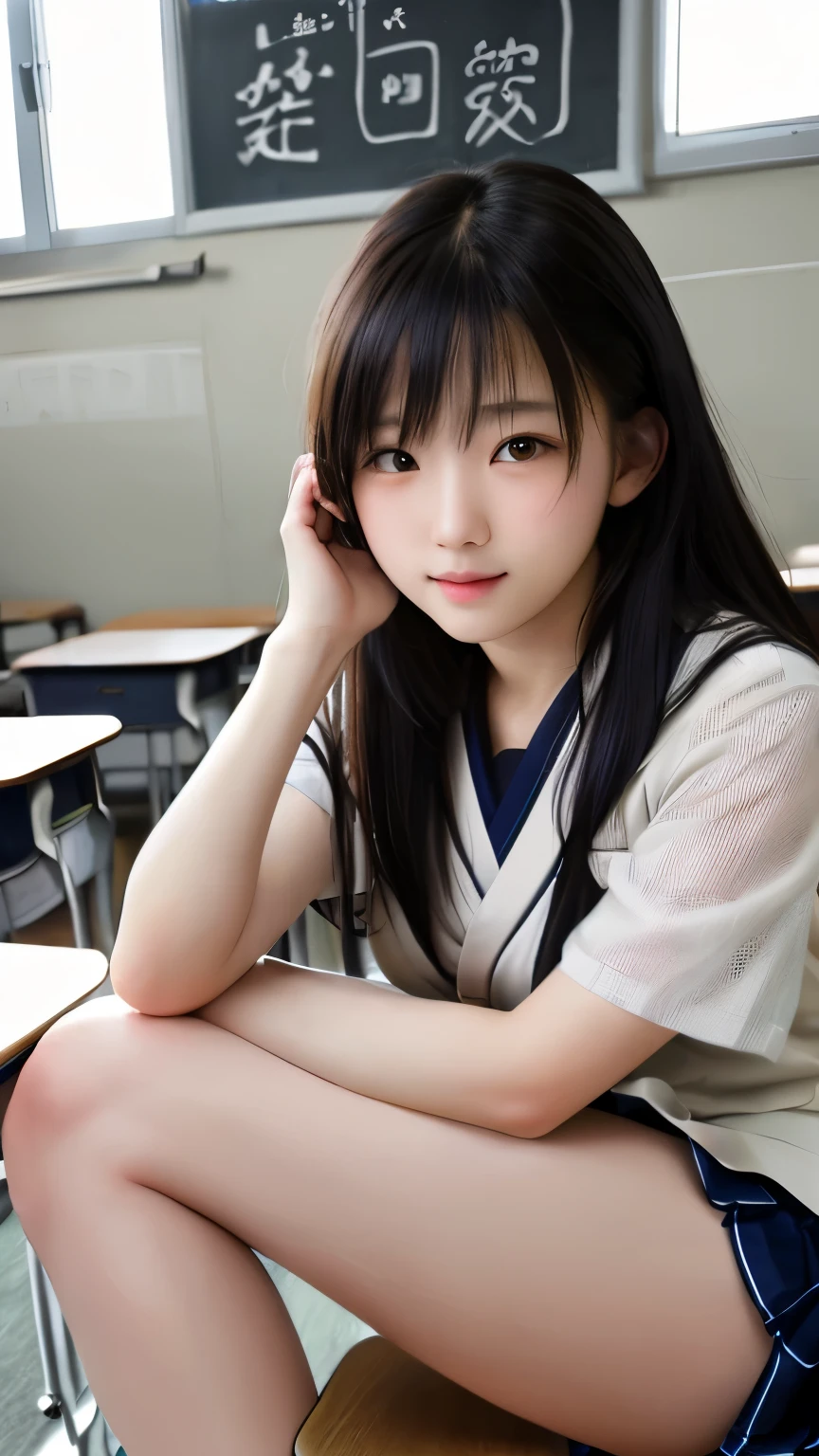 最high quality、high quality、best image quality、8K、最High resolution、High resolution、最high quality、masterpiece、RAW photo、whole body写真、Realistic human body with detailed details、Realistic skin in every detail、Realistic face in every detail、Realistic eyes in every detail、Realistic lips in every detail、Realistic teeth in every detail、Realistic ears with attention to detail、Realistic hair with detailed details、Realistic arms with attention to detail、Realistic hands with attention to detail、Realistic fingers with attention to detail、(fine hands、thumb1reference4)、Realistic legs with attention to detail、Realistic feet with attention to detail、((beautiful japanese girl))、(japanese model), (japanese woman)、((18 year old beautiful girl))、(black hair)、(straight hair)、((whole body))、((Beautiful breasts directed upwards、Medium chest))、(slim style、slender style)、(whole body光沢肌、Fair skin)、Detailed and realistic human body、detailed realistic skin、detailed realistic face、detailed realistic arms、Detailed realistic fingers、Detailed realistic feet、soft natural light、sailor school uniform、Blazer School Uniform、high school、high school student、Junior School、japanese school uniform、((Transparent see-through(cross top school uniform、Student skirt with side slits))、((In the classroom of the school(Pose that makes your thighs look beautiful))