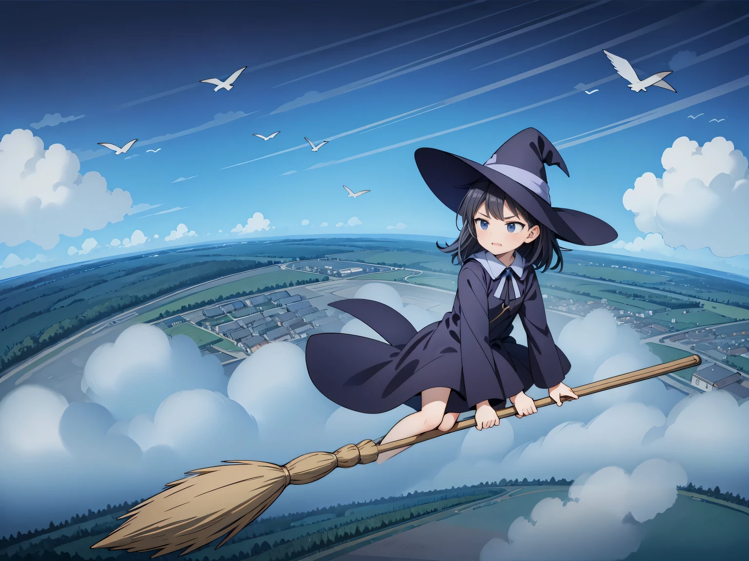 (A flying broom race between several witches), 2、Three witches cling to brooms and fly through the sky, witch hat, (A witch flying at full speed through the clouds), (serious face: 1.3), (( Compete for speed with your rivals)), (Fly through the clouds: 1.3), (forward leaning posture: 1.3), blue sky, (motion blur), (masterpiece), (highest quality), (Ultra high definition)