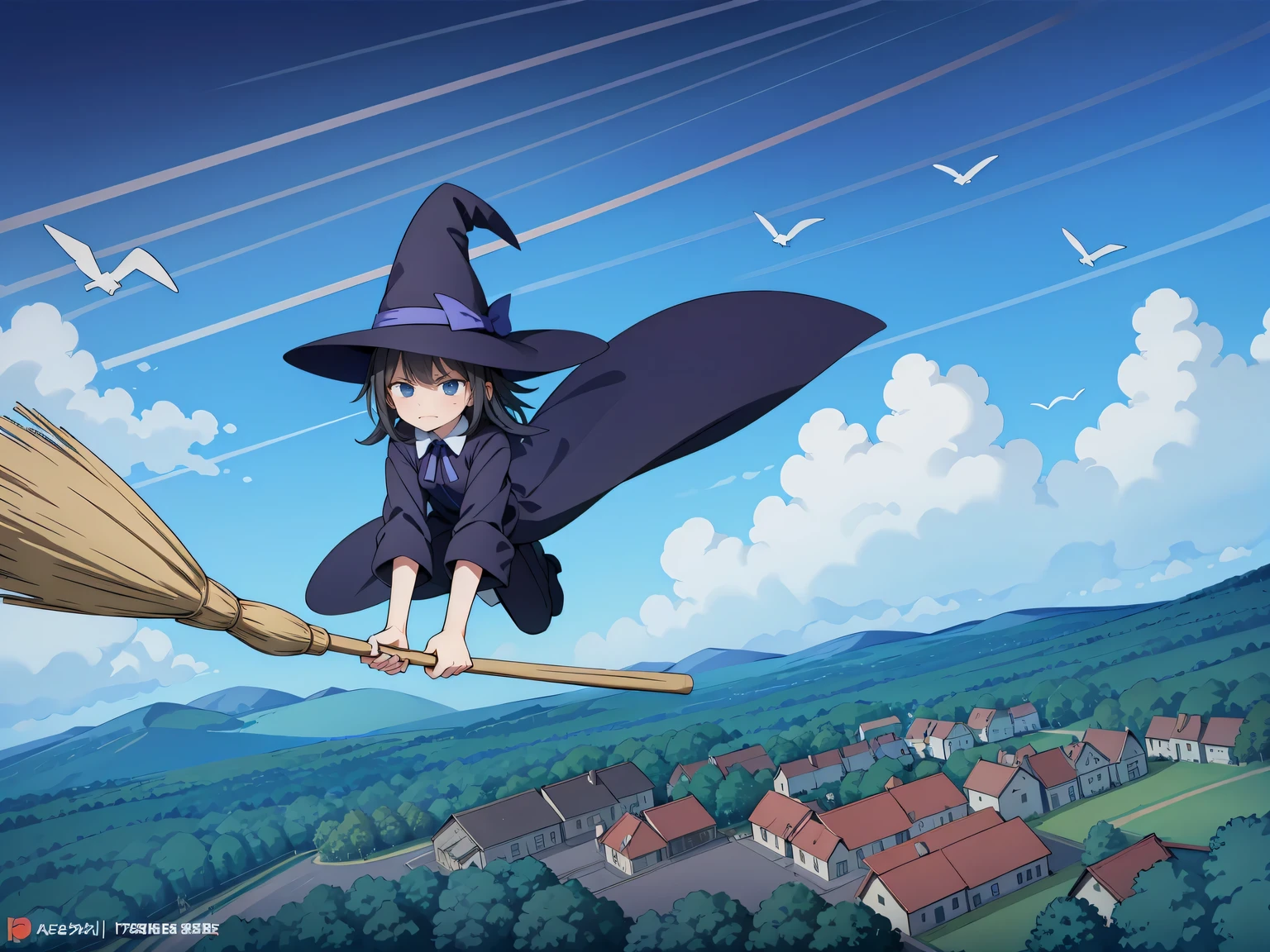 (A flying broom race between several witches), 2、Three witches cling to brooms and fly through the sky, witch hat, (A witch flying at full speed through the clouds), (serious face: 1.3), (( Compete for speed with your rivals)), (Fly through the clouds: 1.3), (forward leaning posture: 1.3), blue sky, (motion blur), (masterpiece), (highest quality), (Ultra high definition)