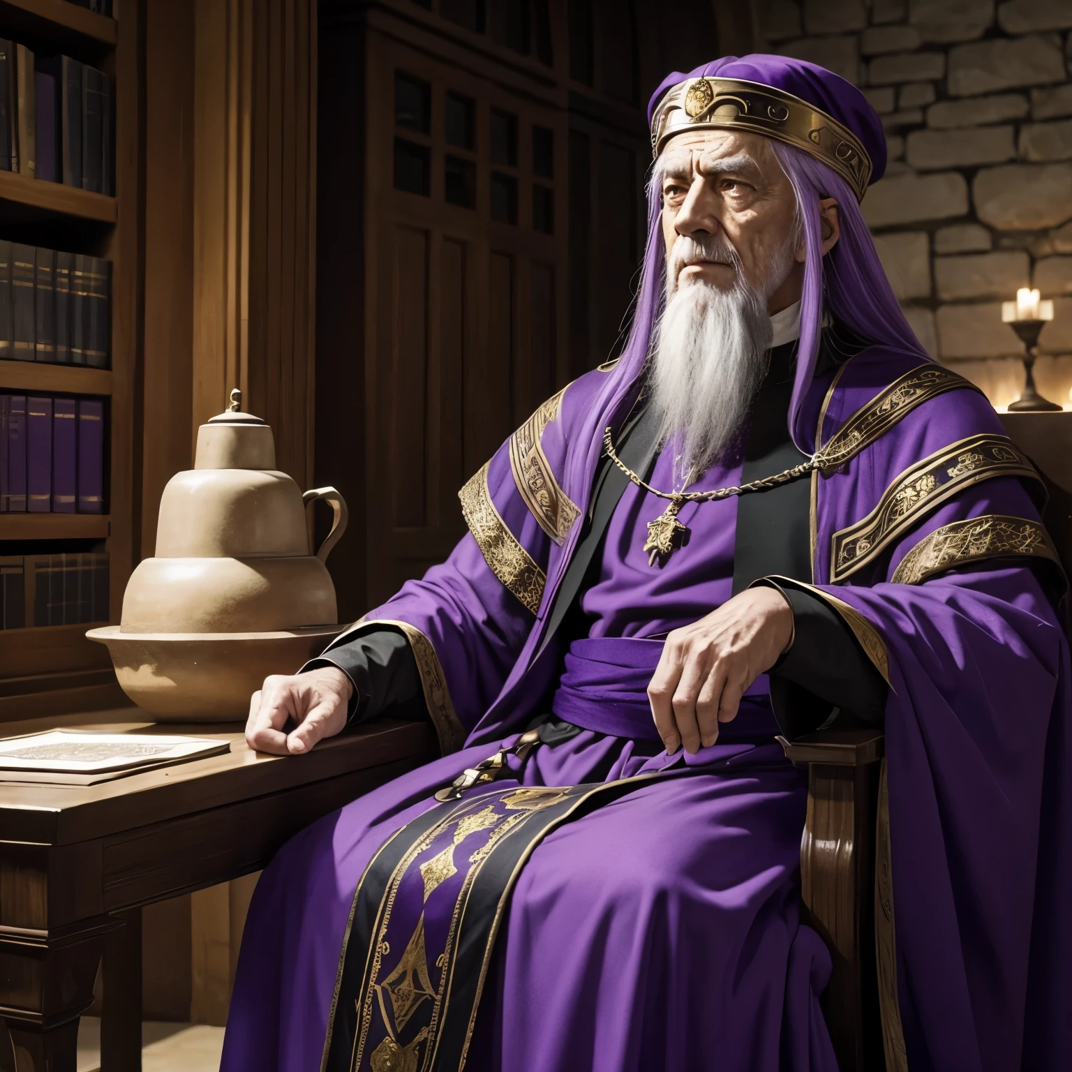 An elderly medieval emperor wearing purple clothes