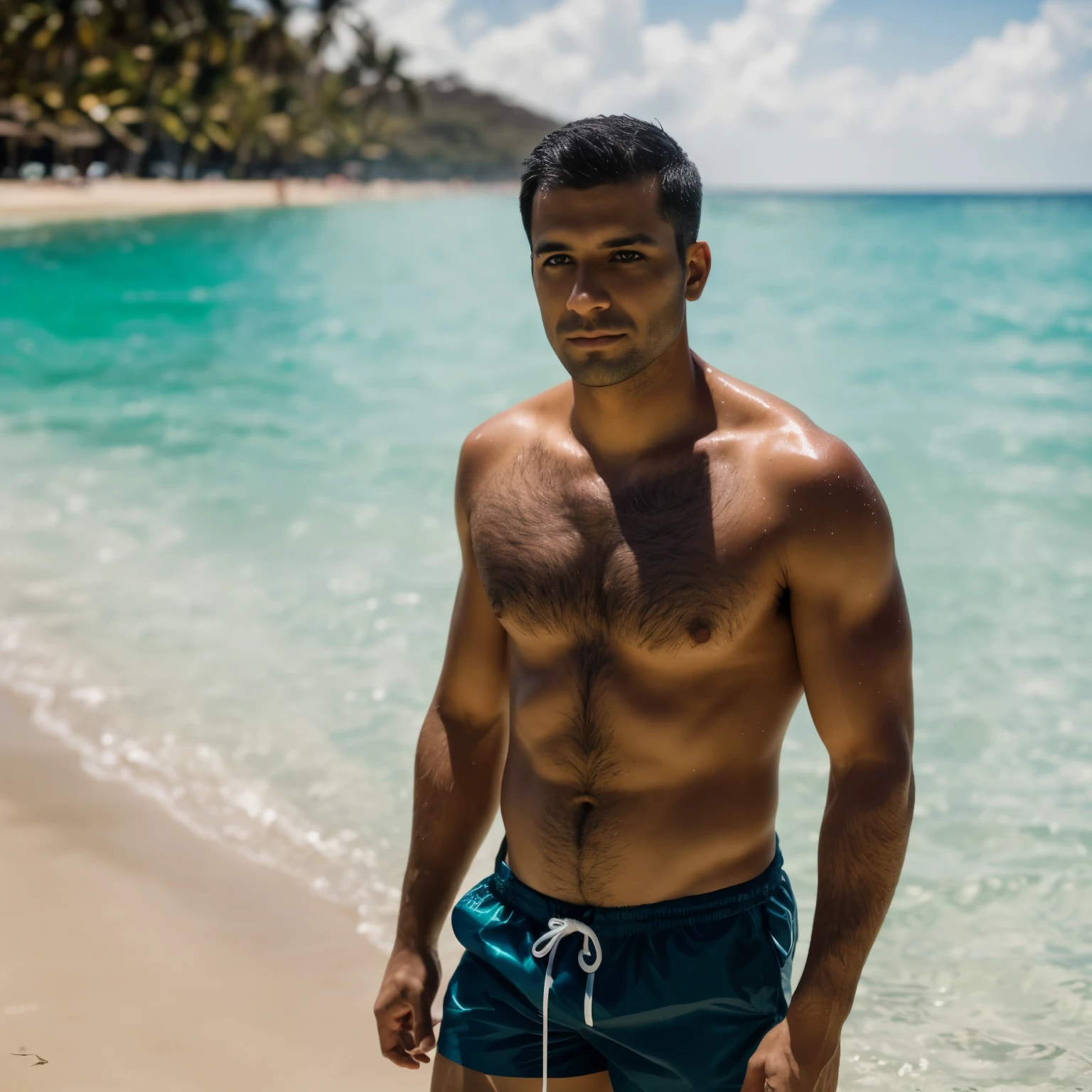 photography Film ISO 1400 100mm lens Aperture RAW f1.4, highly detailed, looking at the camera, hdr colors, the background of the beach in Mexico, 1man, 29years, dark black short hair, no hair on chest,  wearing swimming shorts, ready to swim, average body