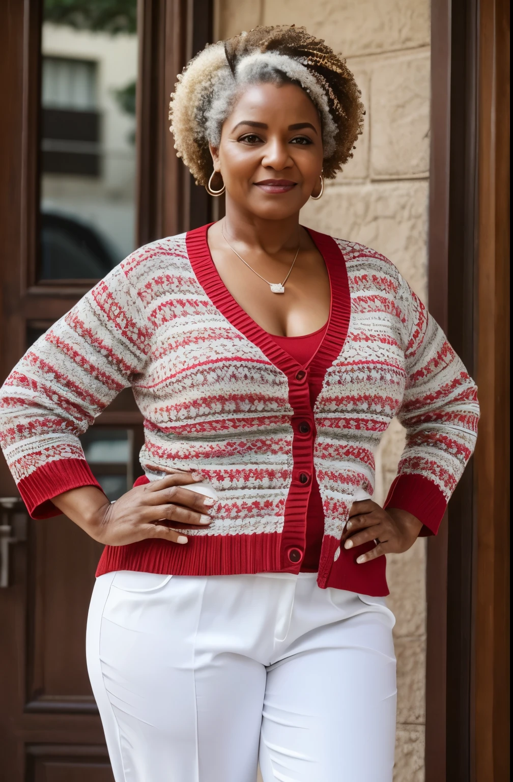 Uma mulher idosa,65 anos,rosto com rugas,cabelo grisalho,penteado de coque,olhando a chuva pela janela de casa,sentada em uma poltrona,corpo volumoso da idosa, seios grandes,barriga grande,idosa com obesidade,a white blouse with a red cardigan, a pair of loose pants