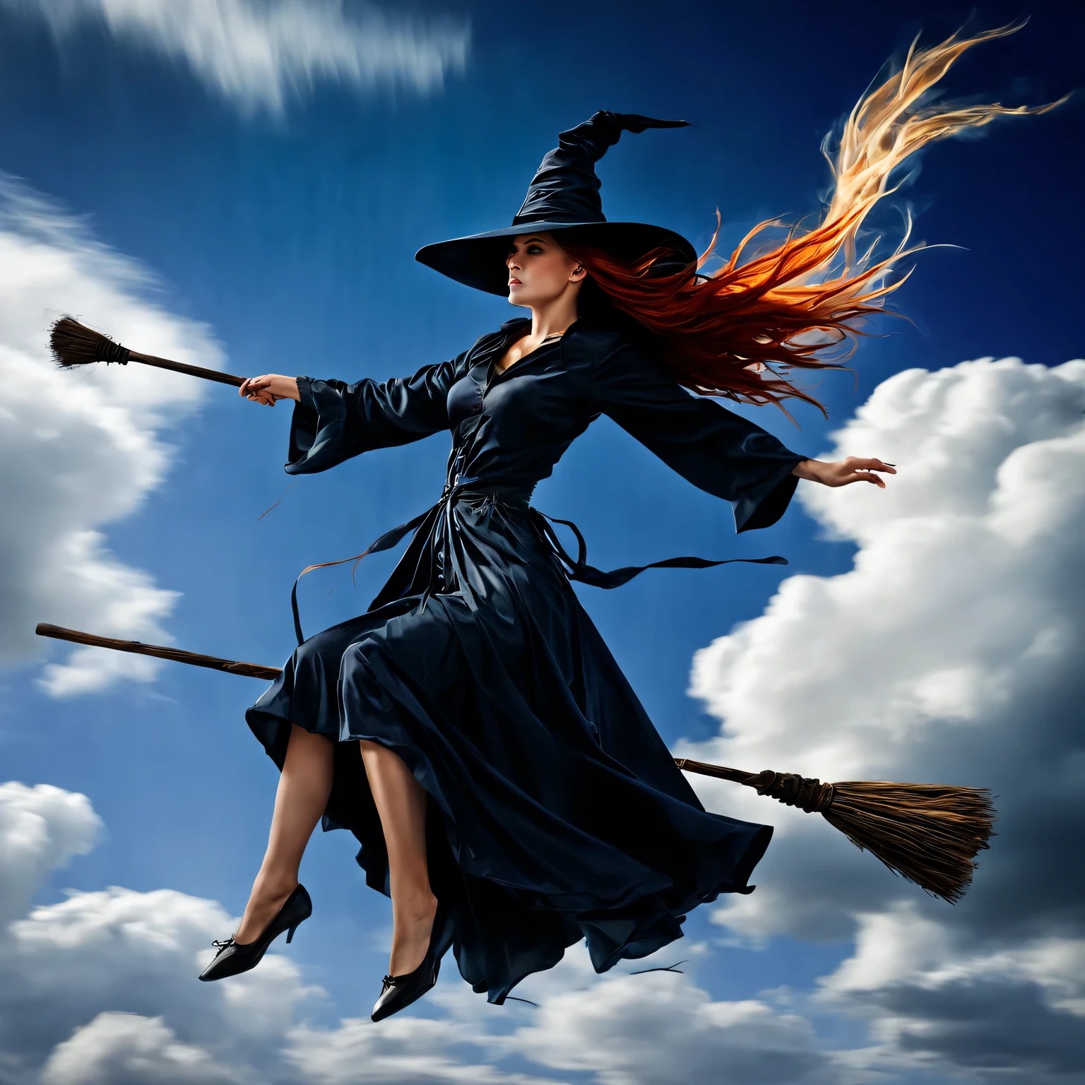 (A flying broom race between several witches:1.1), (2、Three witches cling to brooms and fly through the sky:1.3), witch hat, (A witch flying at full speed through the clouds), (serious face: 1.3), (( Compete for speed with your rivals)), (Fly through the clouds: 1.3), (forward leaning posture: 1.3), blue sky, (motion blur), (masterpiece), (highest quality), (Ultra high definition)