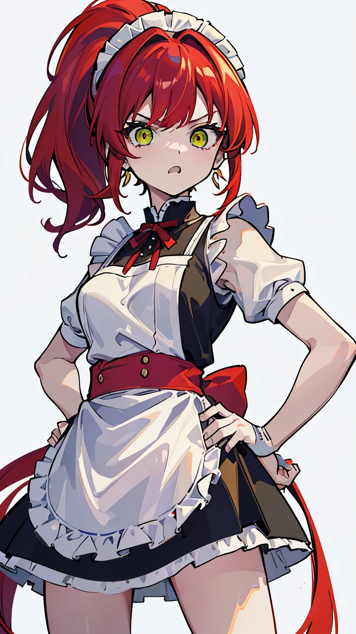 (8K、best image quality、highest quality、masterpiece)、detailed face、1 girl、Red hair、ponytail、yellow-green eyes、angry、earrings、small breasts、((maid))、short apron、miniskirt、Put your hands on your hips、Take from below、look down、cowboy shot、((white background))