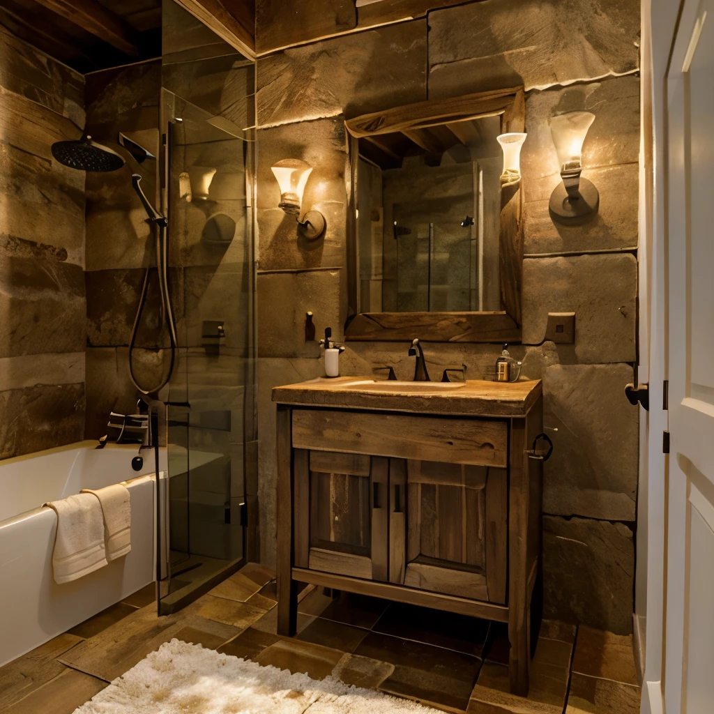 rustic bathroom, madera, ilumonado por luces amarillas, lavado lujoso y gran espejo enfrente