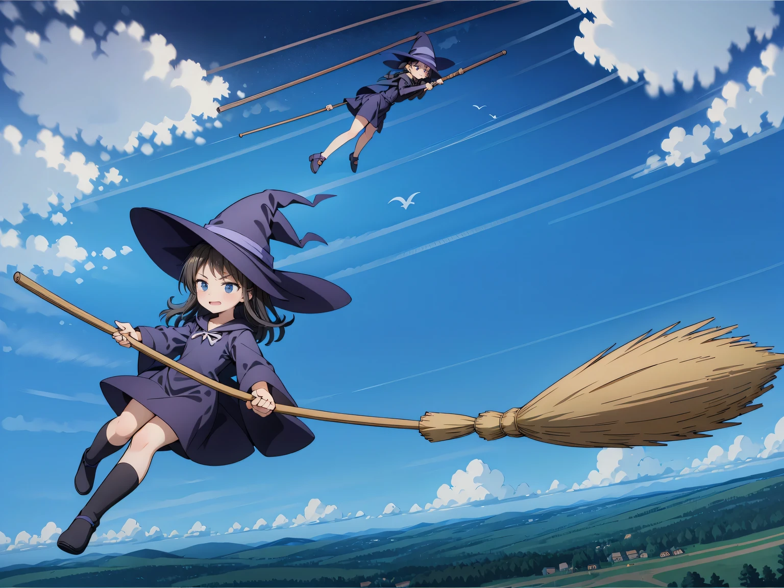 (A flying broom race between several witches:1.3), (multiple witches:1.1), 2、Three witches cling to brooms and fly through the sky, witch hat, (A witch flying at full speed through the clouds), (serious face: 1.3), (( Compete for speed with your rivals)), (Fly through the clouds: 1.3), (forward leaning posture: 1.3), blue sky, (motion blur), (masterpiece), (highest quality), (Ultra high definition)