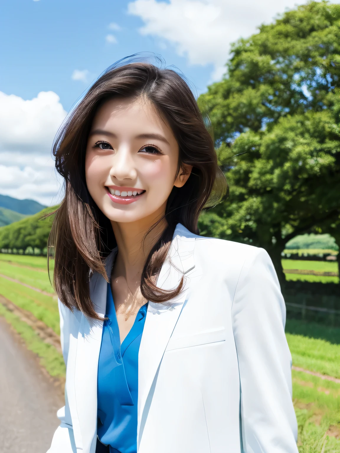 (masterpiece、High resolution、high quality)、(perfect woman、Realistic Japan)、(perfect anatomy、beautiful limbs、beautiful skin)、Fashion Model、double eyelid、flowing hair、Crystal clear black eyes、smile、、blue sky、White cloud、sun、Fashionable shirts、blazer、stroll、country road、Farm roads、fields、