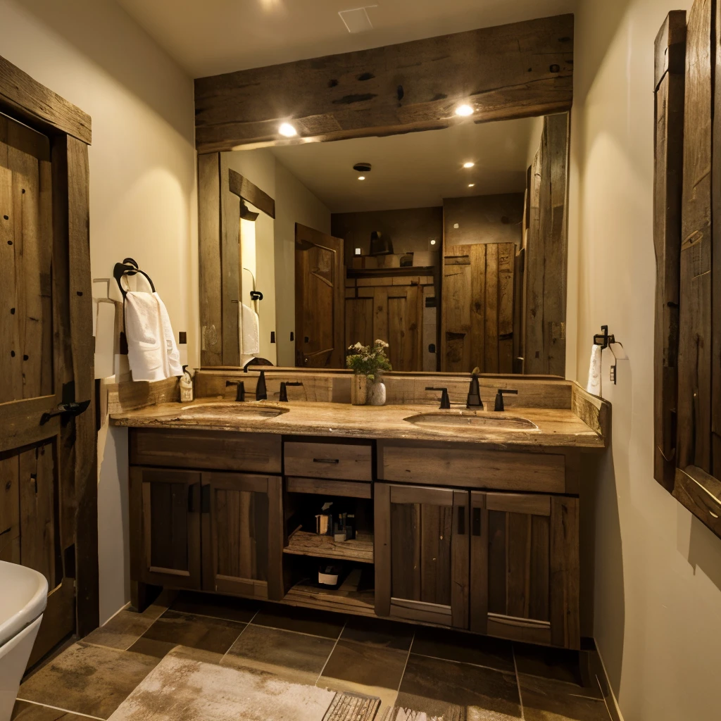 rustic bathroom, madera, ilumonado por luces amarillas, lavado lujoso y gran espejo enfrente