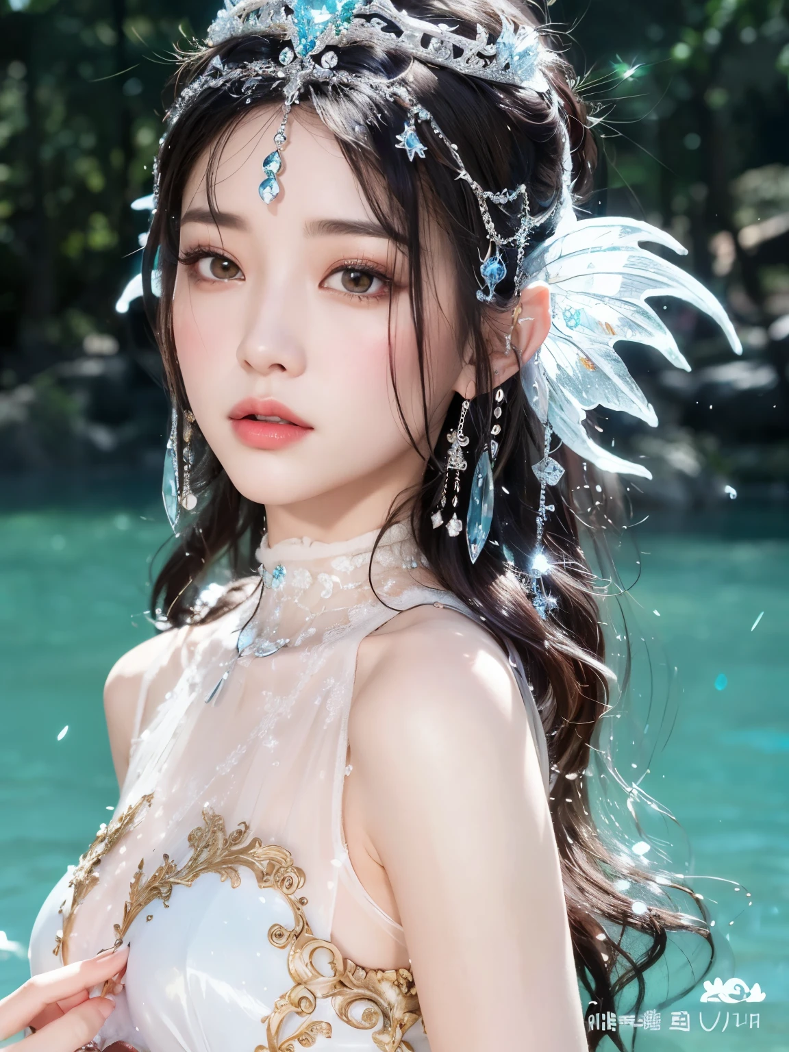 a close up of a woman wearing a dress and a tia, ((a beautiful fantasy empress)), closeup fantasy with water magic, a beautiful fantasy empress, ethereal beauty, ethereal fantasy, queen of the sea mu yanling, ultra realistic fantasy tiara, water fairy, guweiz, pale snow white skin, beautiful and elegant elf queen, xianxia fantasy