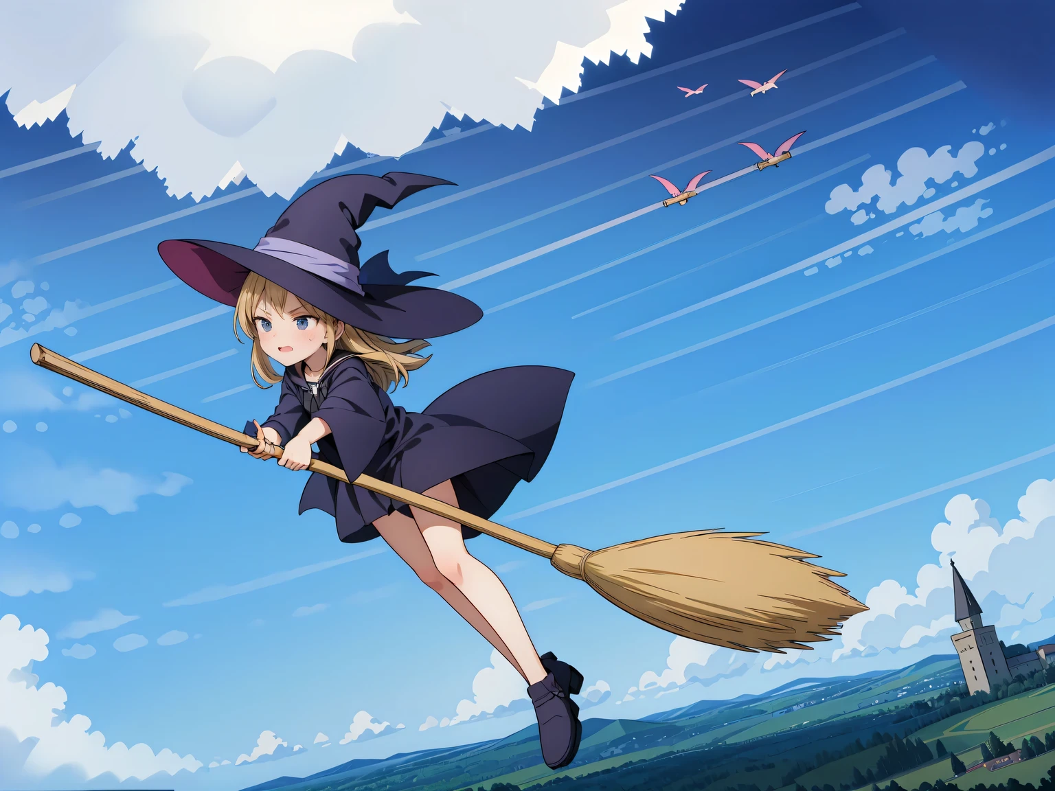 (A flying broom race between several witches:1.3), (multiple witches:1.1), 2、Three witches cling to brooms and fly through the sky, witch hat, (A witch flying at full speed through the clouds), (serious face: 1.3), (( Compete for speed with your rivals)), (Fly through the clouds: 1.3), (forward leaning posture: 1.3), blue sky, (motion blur), (masterpiece), (highest quality), (Ultra high definition)