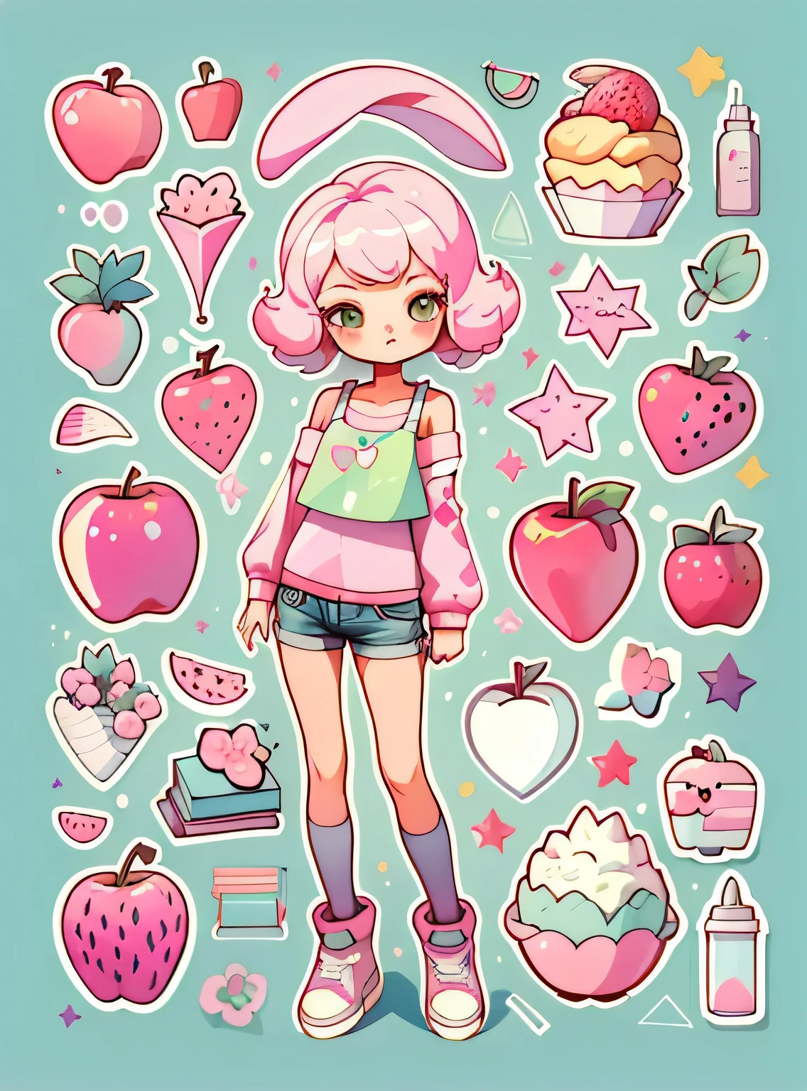 1 adesivo, manual, (uma garota estilosa, modelo, Top rosa, fresco e fresco), fundo roxo e verde, fundo simples, minimum, elma, morango, Bonitinho, pequeno, cor pastel, estilo vetorial, sem gradiente，