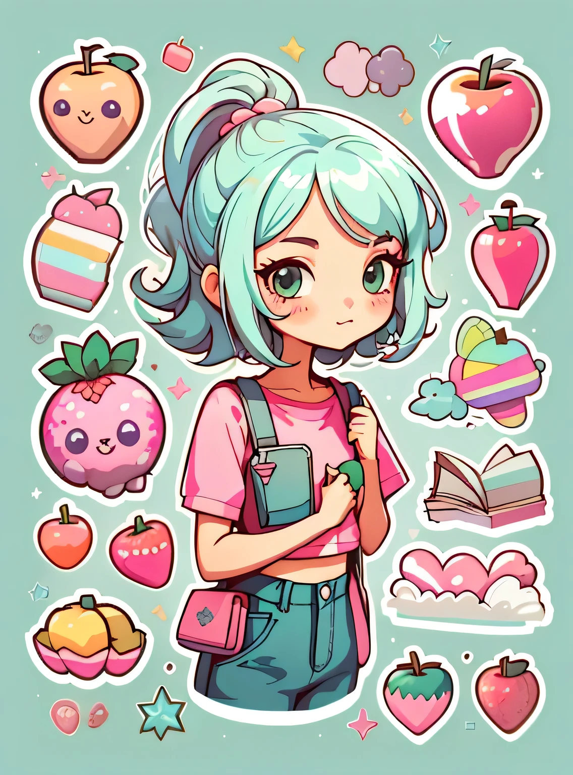 1 adesivo, manual, (uma garota estilosa, modelo, Top rosa, fresco e fresco), fundo roxo e verde, fundo simples, minimum, elma, morango, Bonitinho, pequeno, cor pastel, estilo vetorial, sem gradiente,sorridente
