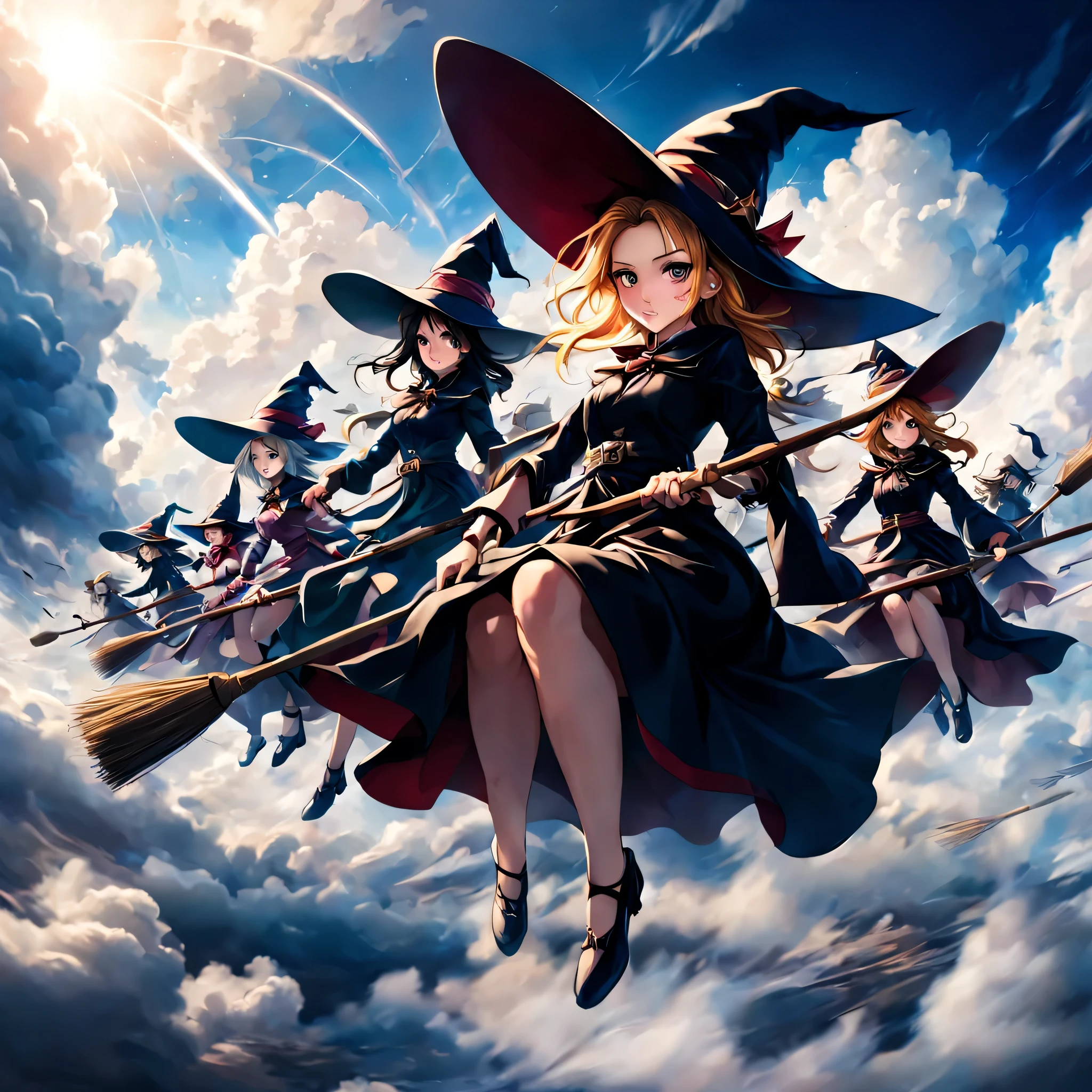 (Flying broomstick race by several witches), Two or three magical girls riding brooms, witch hat, broom, riding a broom, sitting, straddle, straddle a broom, (Magical girls running through the clouds), (serious face: 1.3), (( Compete for speed with your rivals)), (Fly through the clouds: 1.3), (forward leaning posture: 1.3), blue sky, (motion blur), (masterpiece), (highest quality), (Ultra high definition)