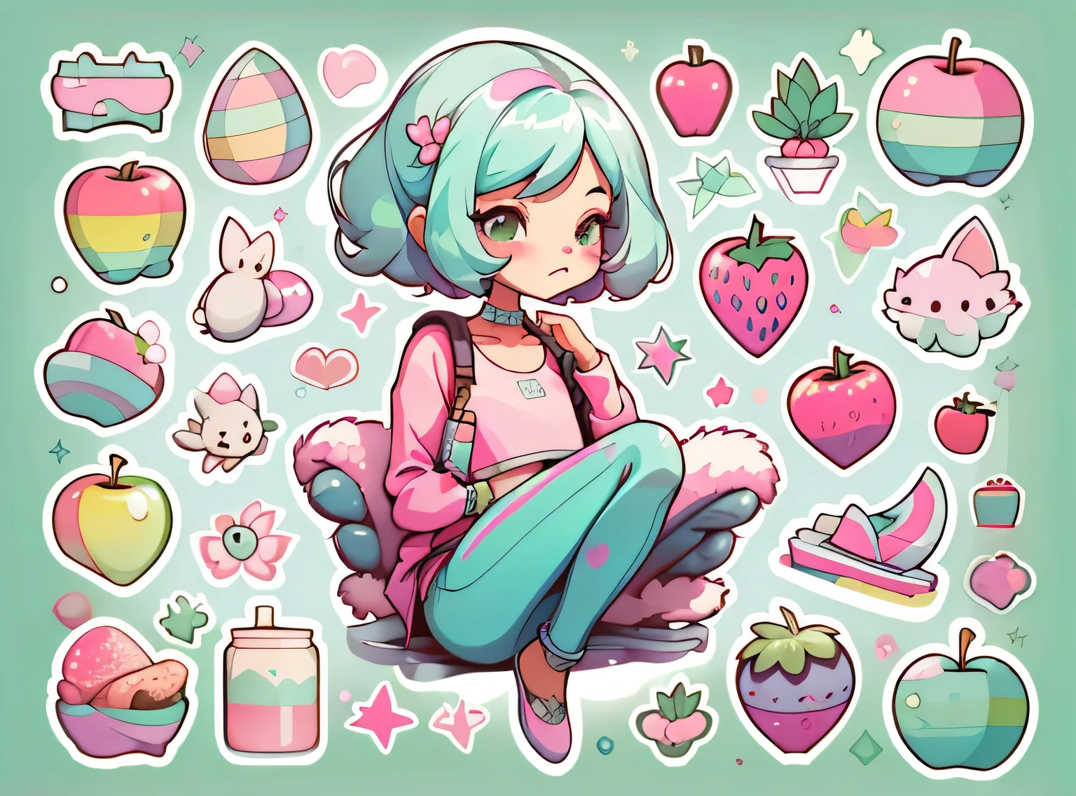 1 adesivo, manual, (uma garota estilosa, modelo, Top rosa, fresco e fresco), fundo roxo e verde, fundo simples, minimum, elma, morango, Bonitinho, pequeno, cor pastel, estilo vetorial, sem gradiente，