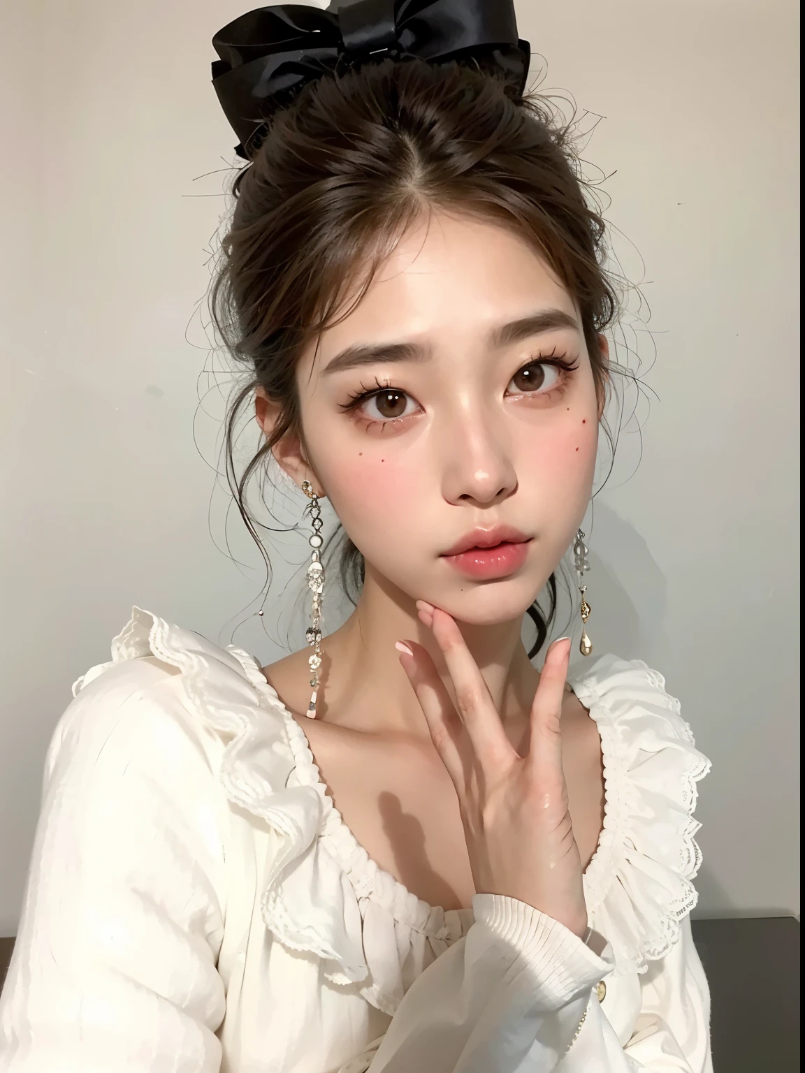 a close up of a woman with a bow on her head, soft makeup, beautiful aesthetic face, popular korean makeup, popular south korean makeup, young adorable korean face, lovely delicate face, very pretty face, light makeup, ulzzang, beautiful pale makeup, beautiful delicate face, beautiful japanese girls face, beautiful young korean woman, korean face features, subtle makeup