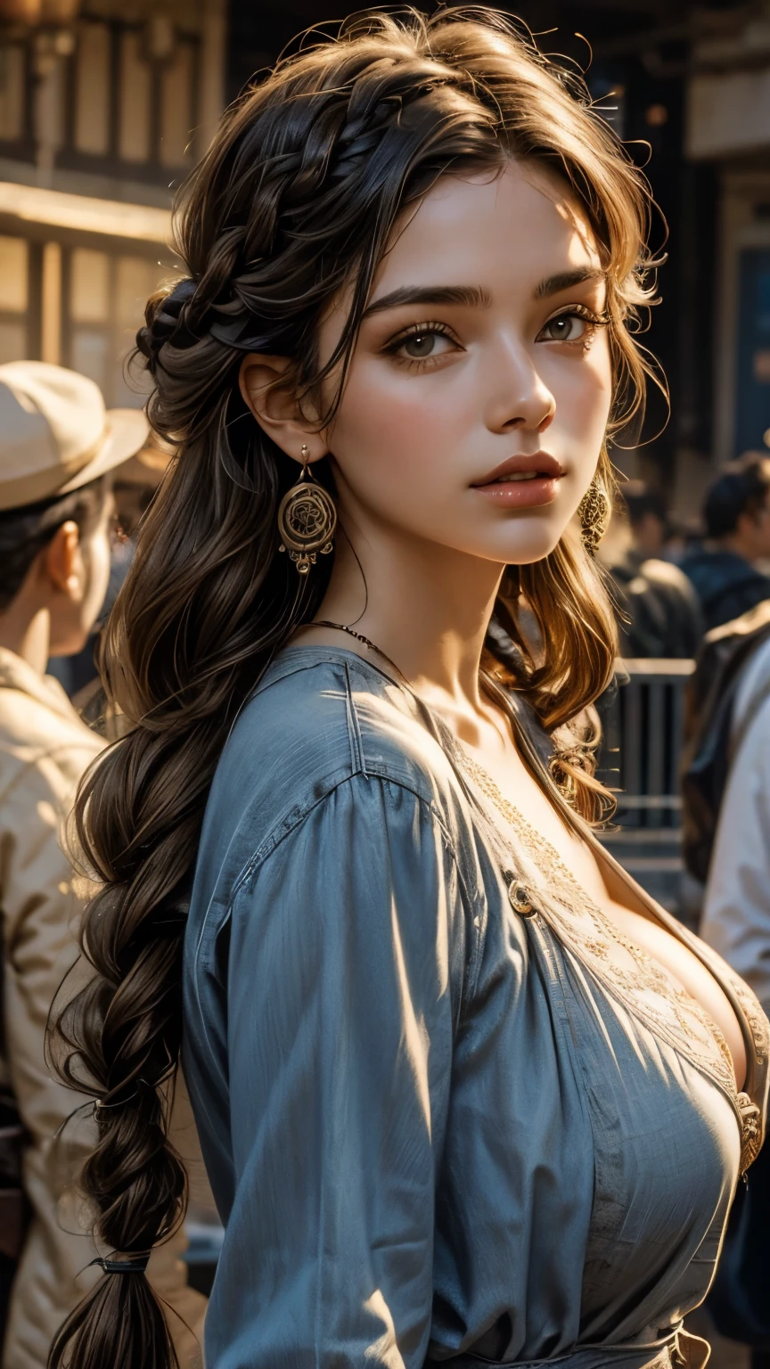 girl, intricate details, big tits, wavy hair, braids, realistic photo, fine face, plastic clothing