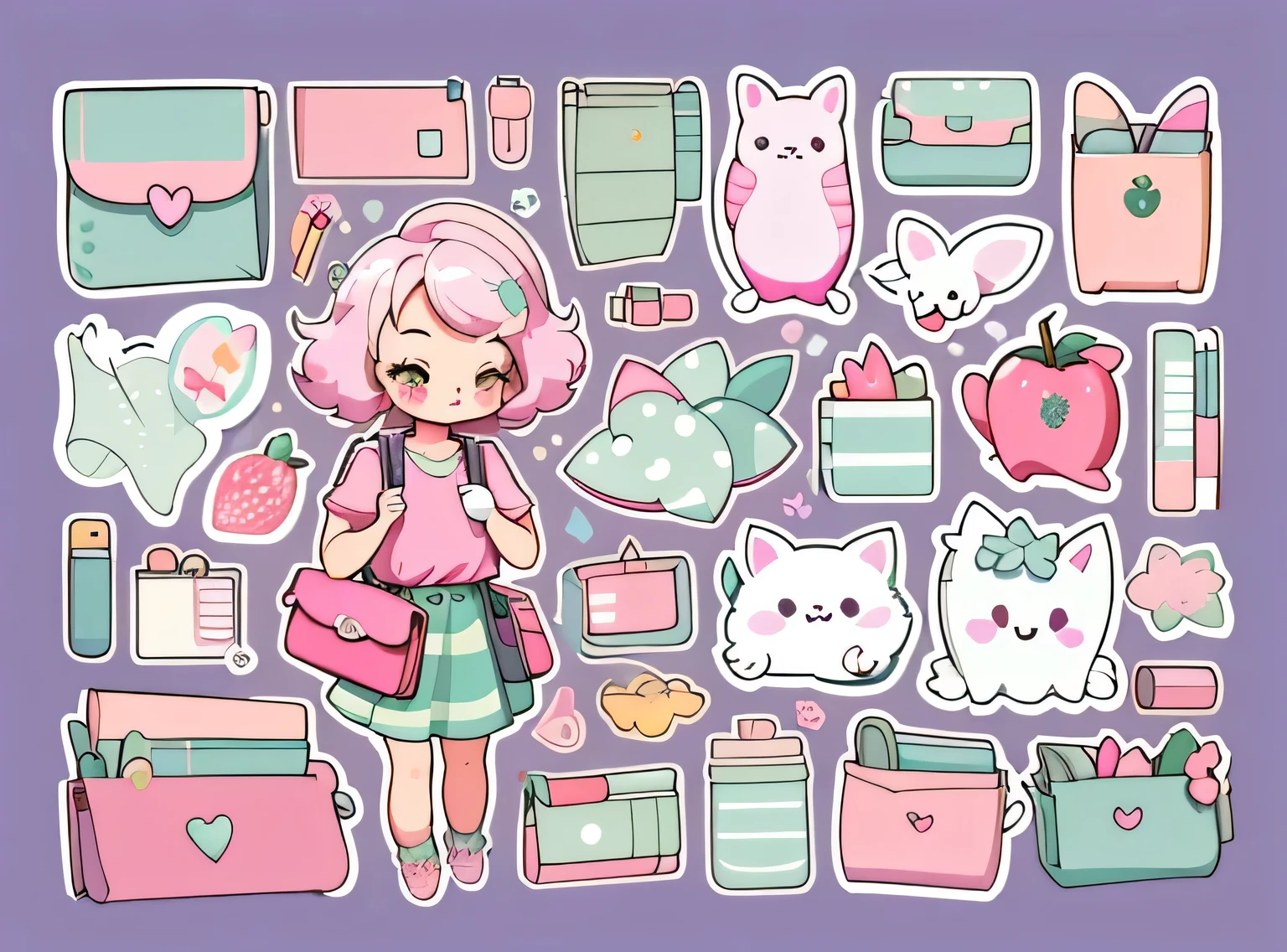 1 adesivo, manual, (uma garota estilosa, modelo, Top rosa, saco das senhoras, lots of Bonitinho cosmetics, caderno, papelaria, tissue, Bonitinho pouch), fundo roxo e verde, fundo simples, minimum, elma, morango, Bonitinho, pequeno, cor pastel, estilo vetorial, sem gradiente，