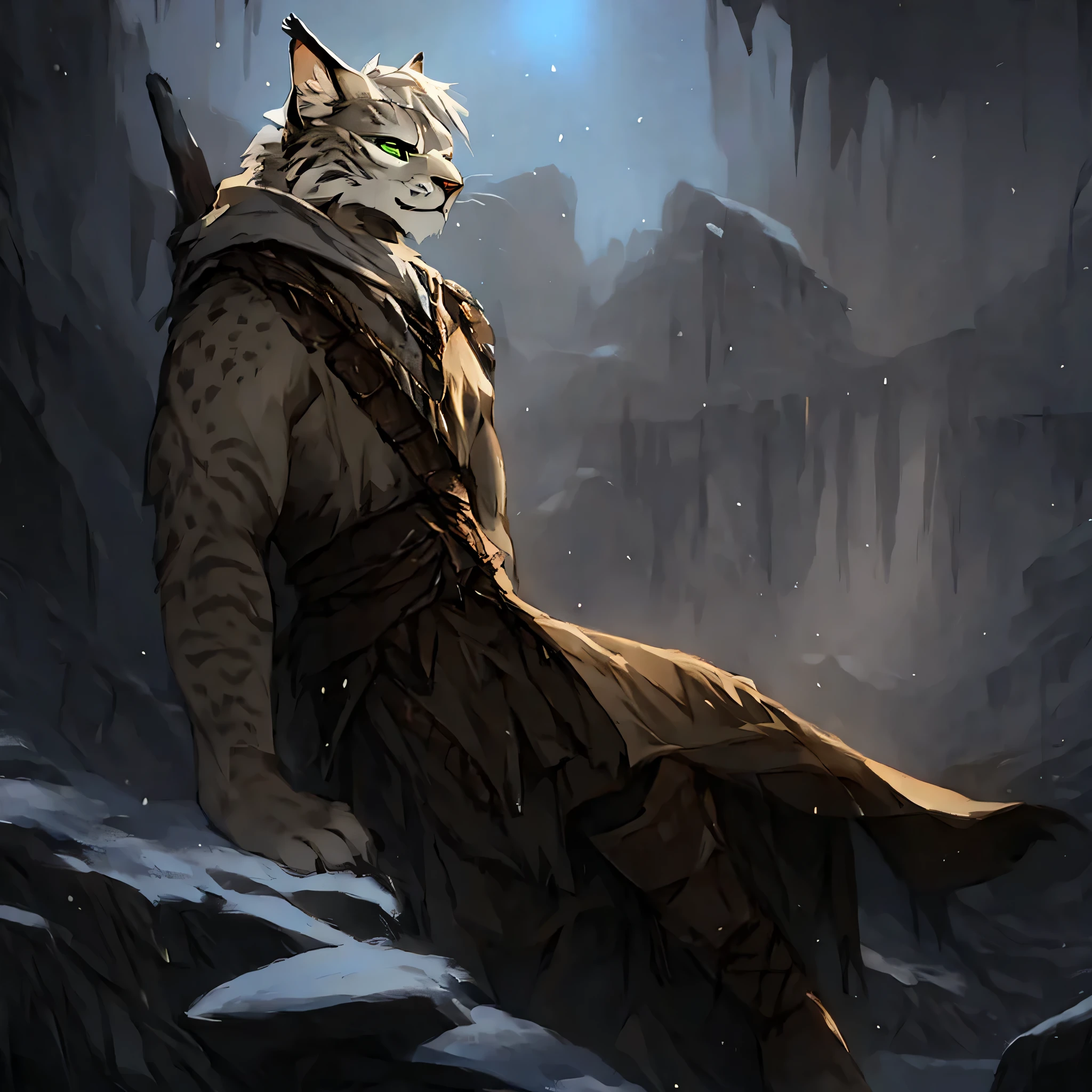 masterpiece, best quality,4k,hdr,perfect lighting, portrait, looking at viewer, (niji_khajit:1.0), animal hands, tail, (khajiit:1.0), furry, realistic, of a slim lynx male northern sorcerer, detailed face+eyes, gray hair, messy, green eyes, nordic white modern tunic, (solo focus:1.2), (gloomy), (cold), (dark), (desolate), (by Antonio J Manzanedo:0.8), (by Jeremy Lipking:0.8), (by Killian Eng:1