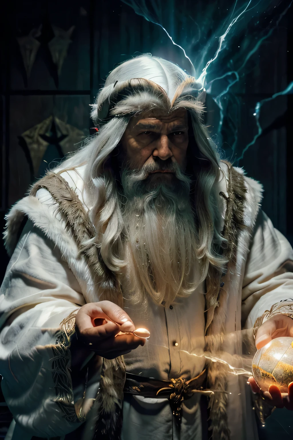 (obra de arte: 1.2), (melhor qualidade), detalhado, Ultra HD, cinematic lighting, sharp focus, (illustration: 1.1), Intricado, mago antigo (com longos cabelos brancos e barba, wearing a wizard's robe and hat, Ponderando um orbe brilhante, Em uma sala mal iluminada, Magician's Room, luzes brilhantes, luzes piscando, thundering sky, Morcegos voadores, magia poderosa