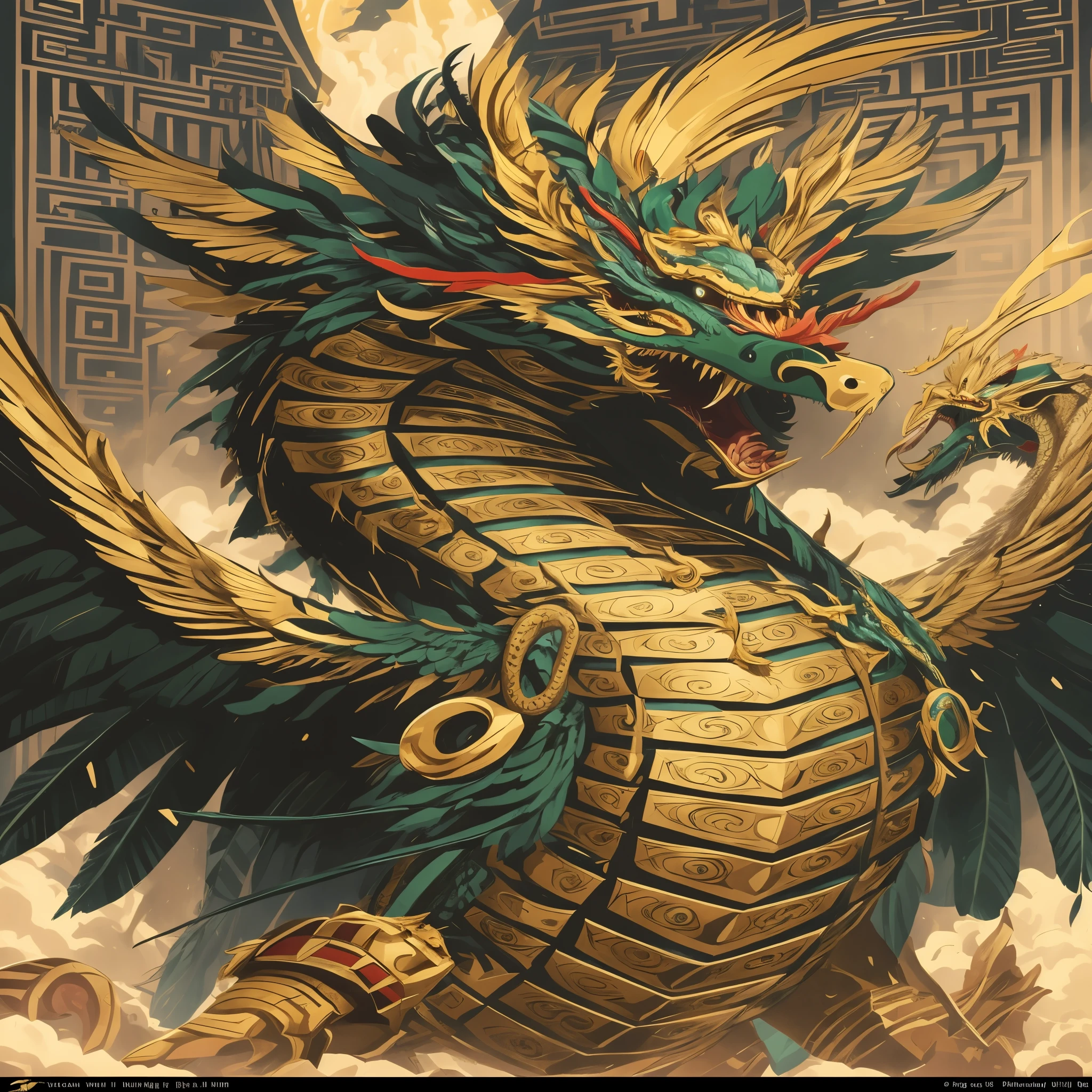 there is a dragon with a gold head and a green body, quetzalcoatl, digital painting of quetzalcoatl, portrait, Quetzalcoatl, Masterpiece, best quality, {best quality}, {{masterpiece}}, {highres}, anime, attractive, exotic, Quetzalcoatl, Kukulkan, Serpent God, feathered serpent, flying plumes, plumage, Aztec, golden, gold, thunder, thunder, claws, sharp teeth, serious, destruction