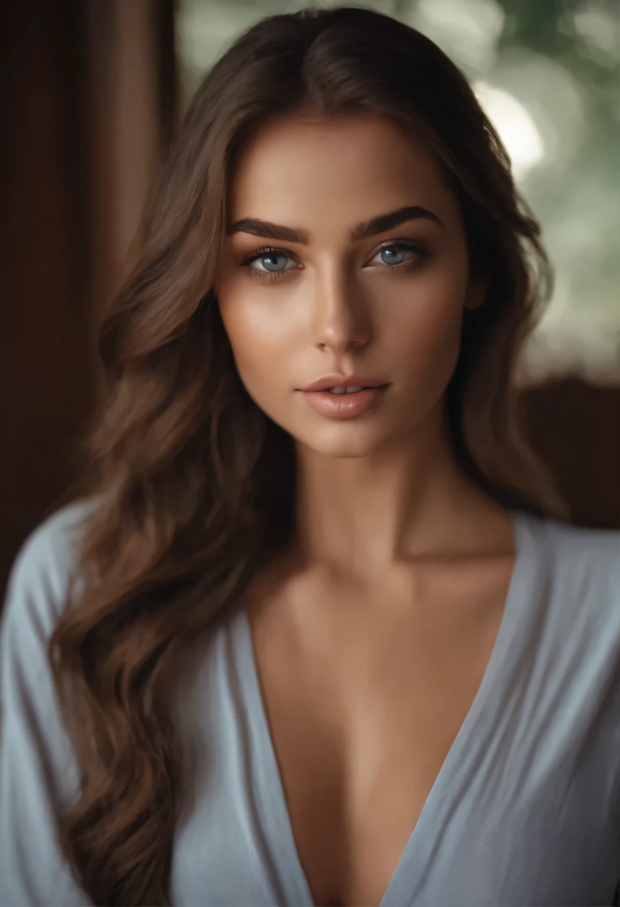 arafed woman fully , sexy girl with brown eyes, ultra realistic, meticulously detailed, portrait sophie mudd, brown hair and large eyes, selfie of a young woman, dubai eyes, violet myers, without makeup, natural makeup, looking directly at the camera, face with artgram, subtle makeup, stunning full body shot kneeling on bed, in bedroom, medium to large size bust