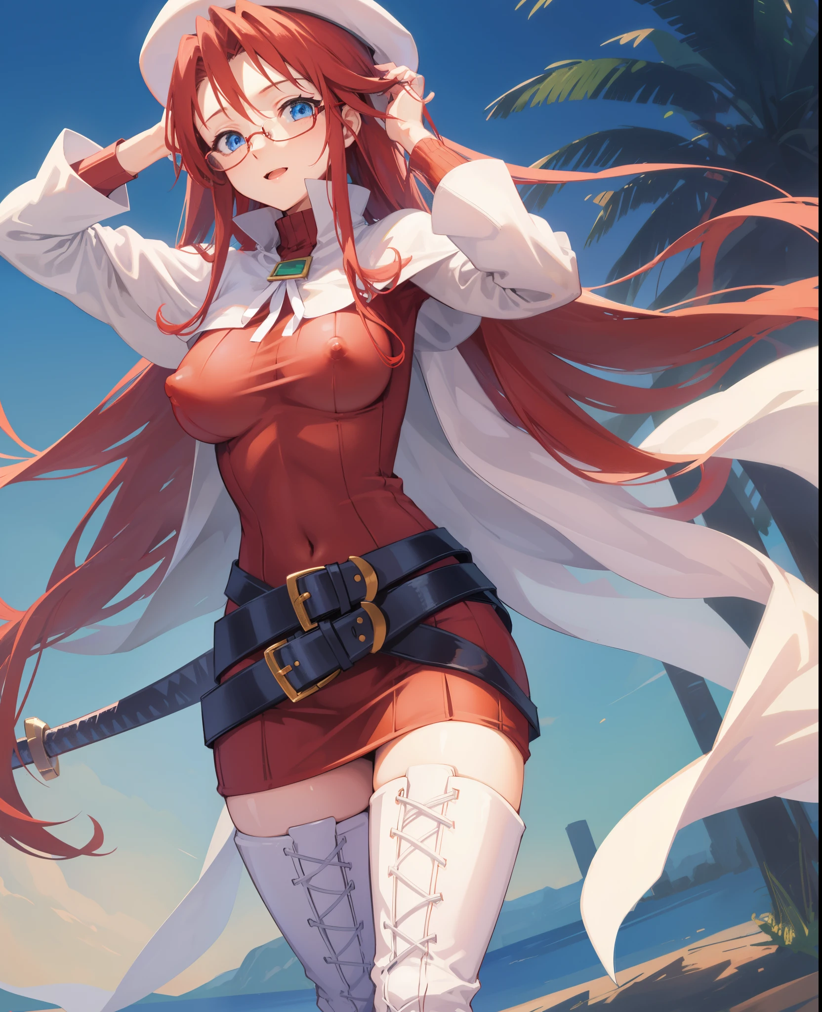 summonnightaty, aty, long hair, blue eyes, red hair, beret, hat, glasses,
BREAK long hair, thighhighs, hat, dress, boots, glasses, belt, cape, sweater, zettai ryouiki, beret, thigh boots, white footwear, ribbed sweater, loose belt,solo,
BREAK outdoors, fantasy_town,
BREAK (masterpiece:1.2), best quality, high resolution, unity 8k wallpaper, (illustration:0.8), (beautiful detailed eyes:1.6), extremely detailed face, perfect lighting, extremely detailed CG, (perfect hands, perfect anatomy),(covered_nipples:1.3),covered_navel,light_smile,dynamic_posing ,walking,(half_eyes:1.2),light_open_mouth,sword,armpit,sleepy,